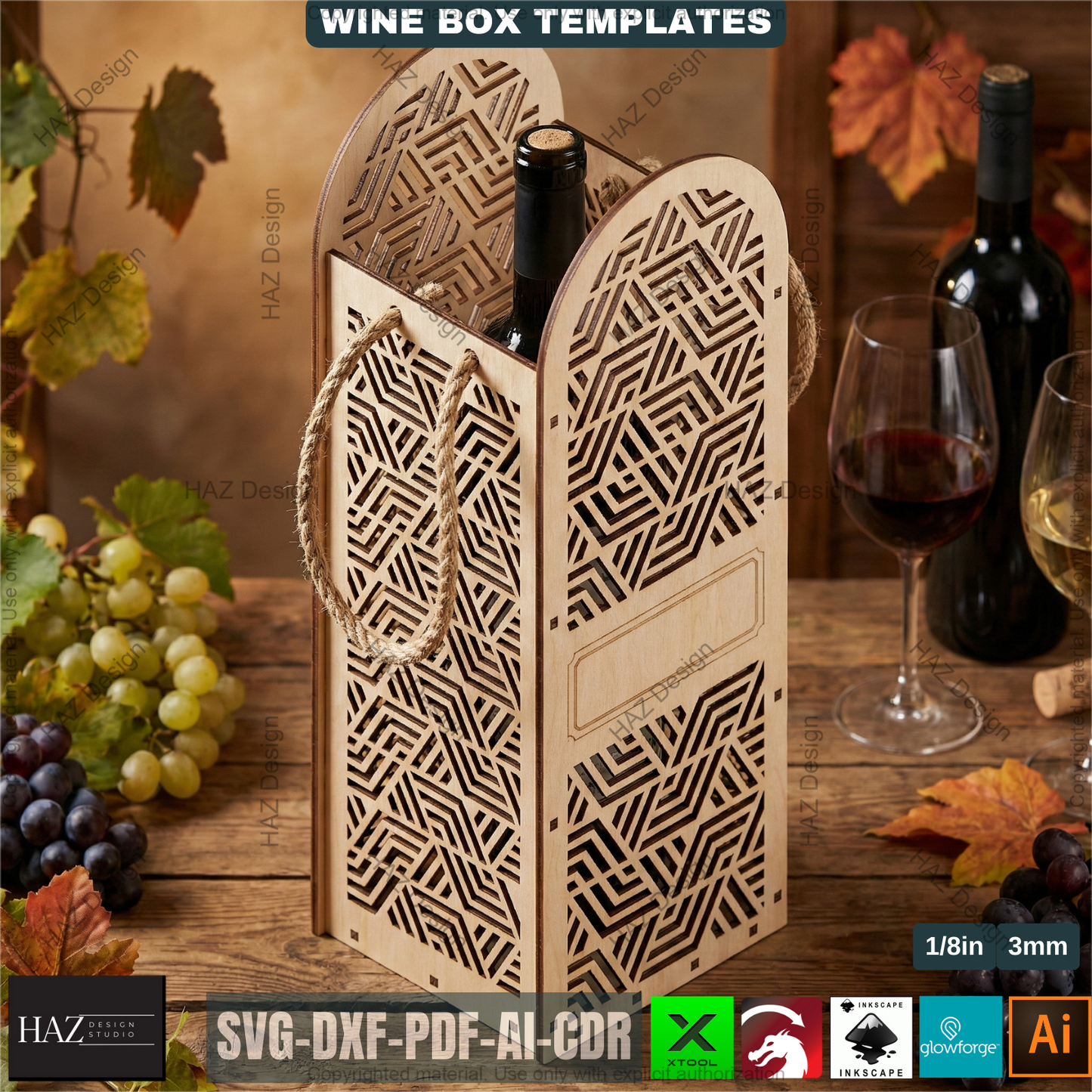 Laser Cut Wooden Wine Bottle Gift Box Bundle for DIY, Elegant Wine Carrier Templates for Laser Cutting Projects 512
