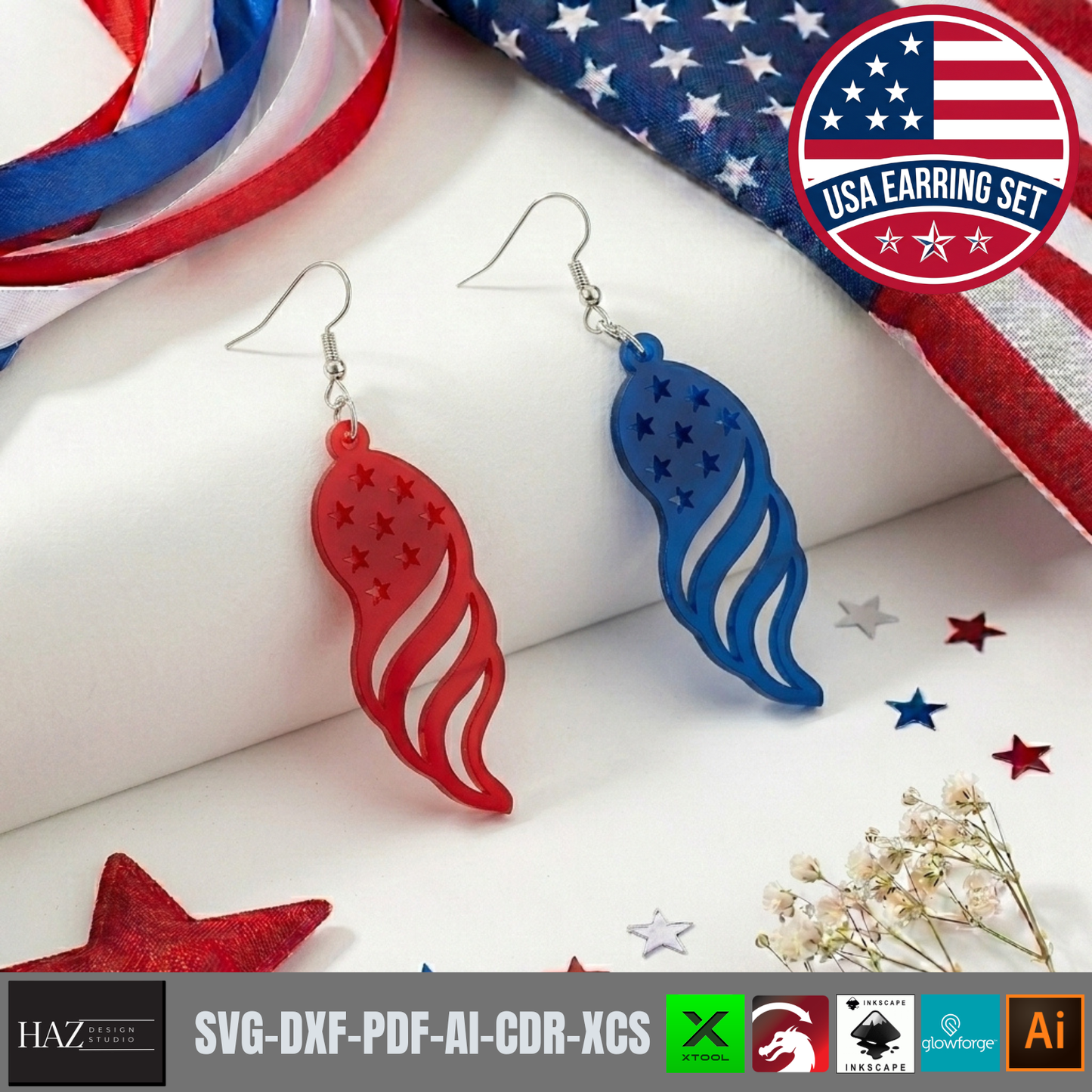 USA Flag Earring SVG Bundle, 4th of July Laser Cut File, Patriotic Acrylic Earring Template, Veteran Gift