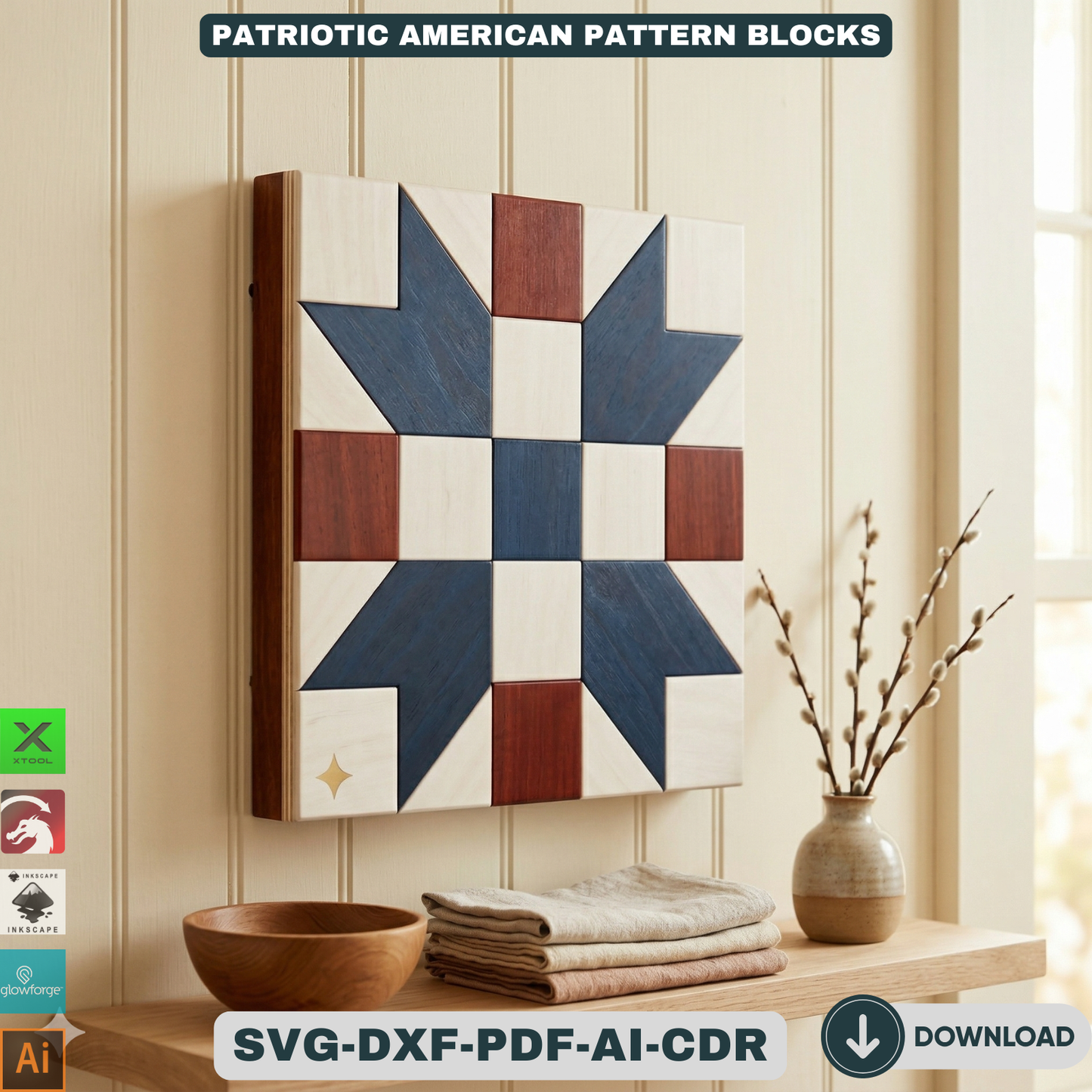 Patriotic American Barn Quilt Wall Decor Fourth of July Wooden Sign Geometric Star Block Patterns 943