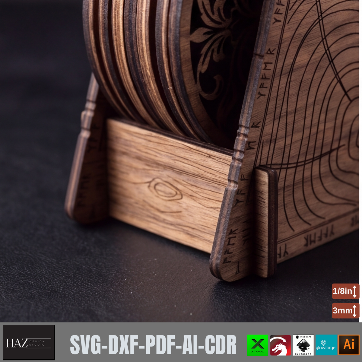 Viking Playing Card Coaster Templates, Rustic Norse Knotwork Wooden Coaster Designs 579