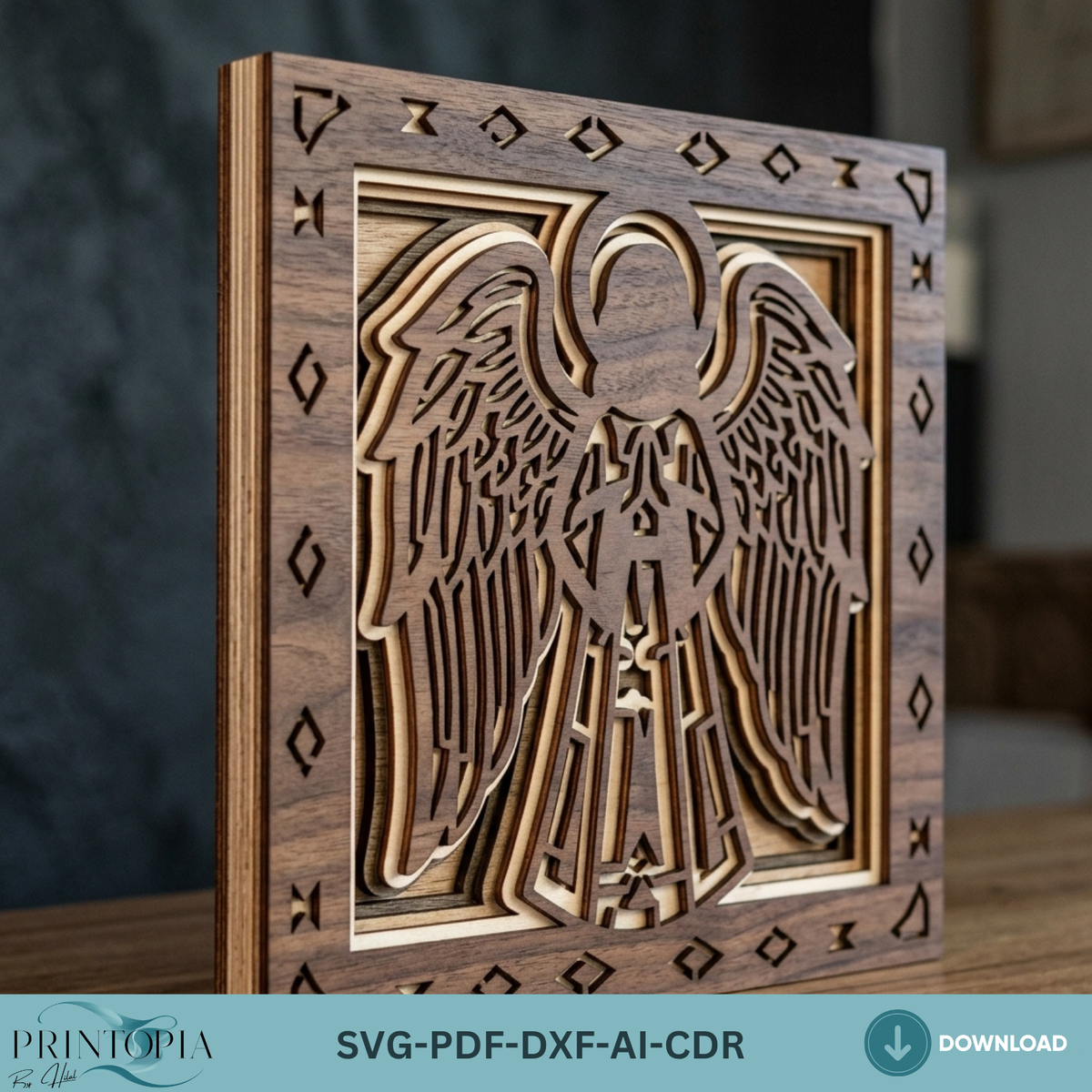 Multilayer Guardian Angel Wings Laser Cut Template, 3D Christian Church Decor, Wooden Wall Plaque