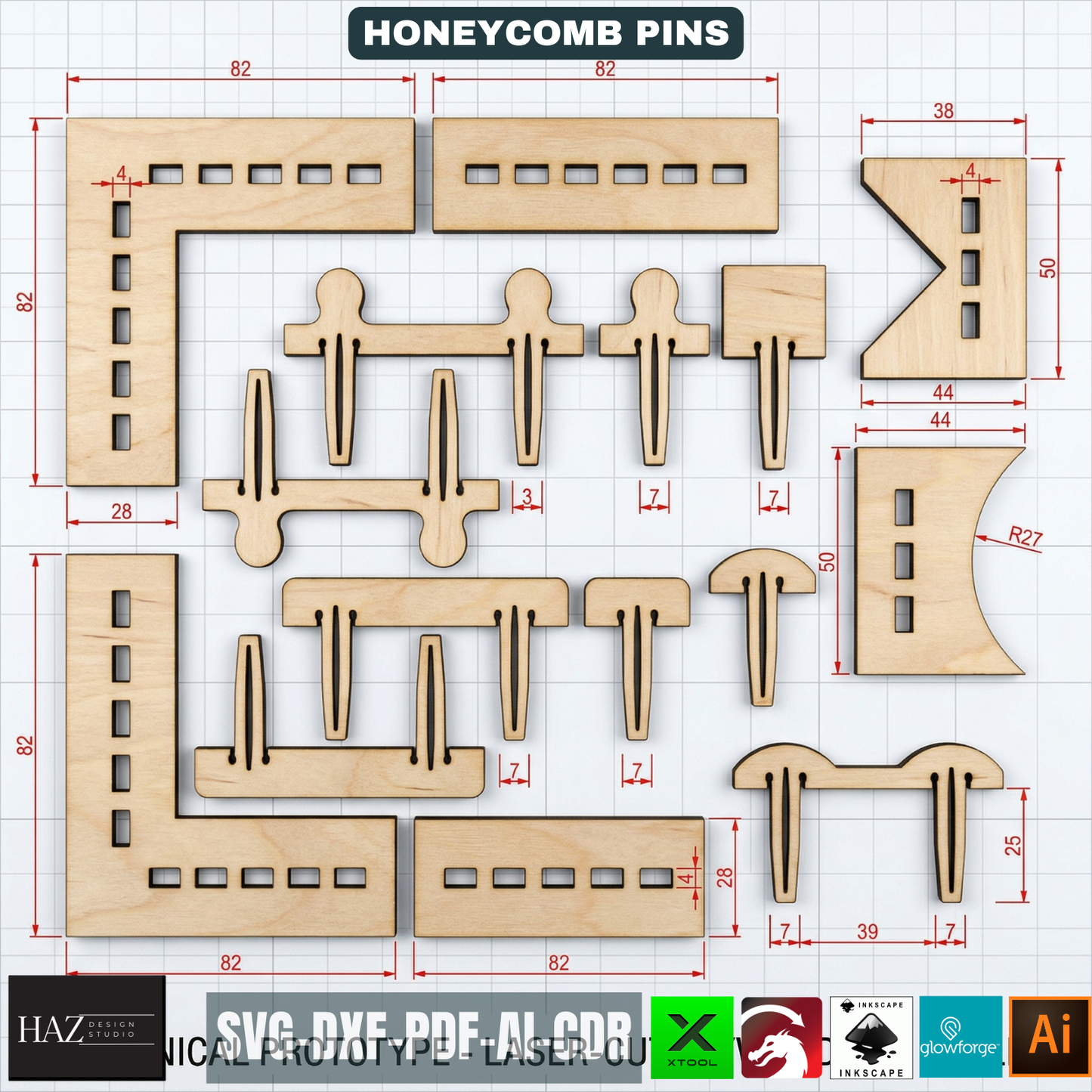 Honeycomb Bed Pins /  Board Hold Down Pins / Glowforge and xTool Laser Cut 092