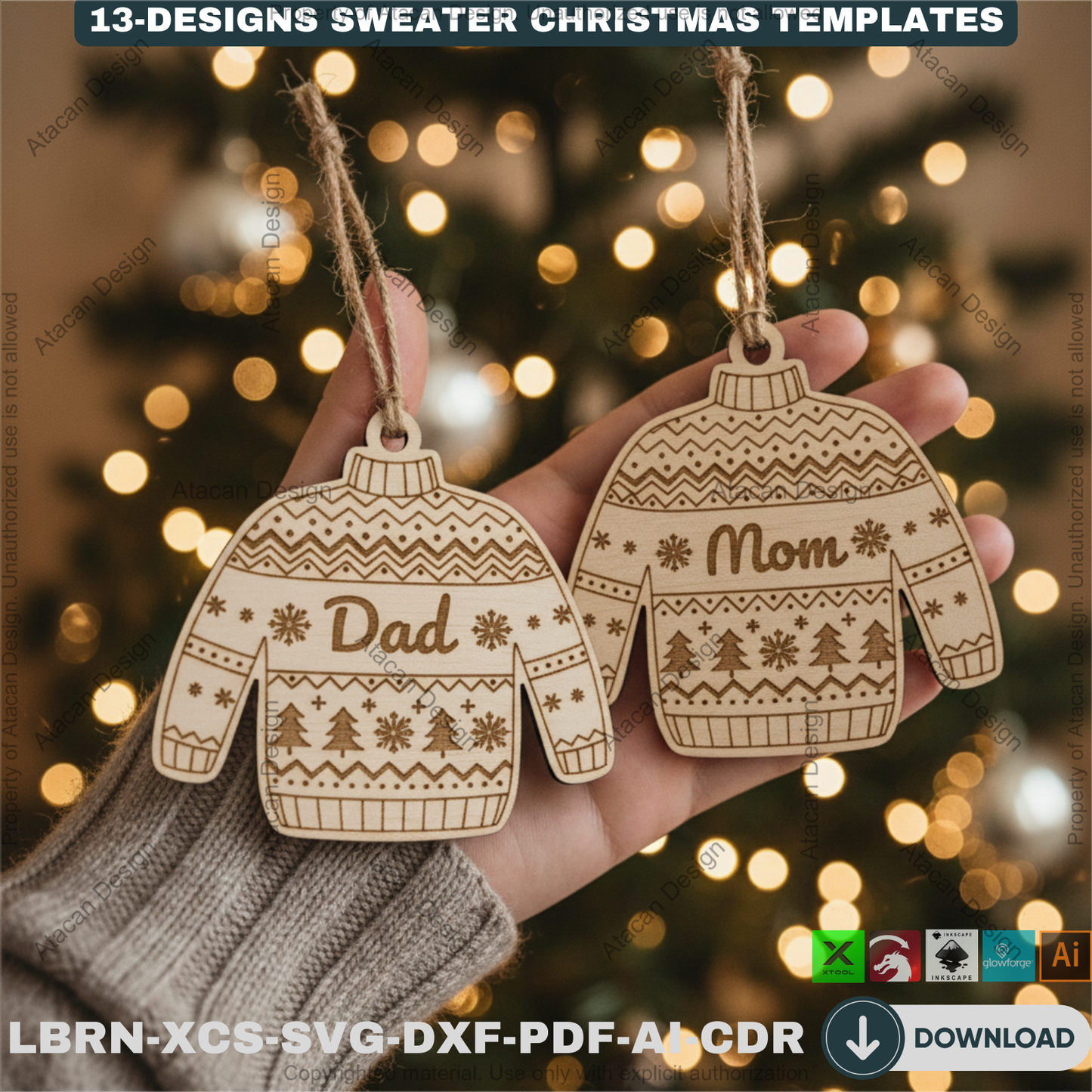 Personalized Sweater Christmas Ornament Bundle | 13 Holiday Designs | Laser Cut Template Set for DIY Xmas Gifts 918