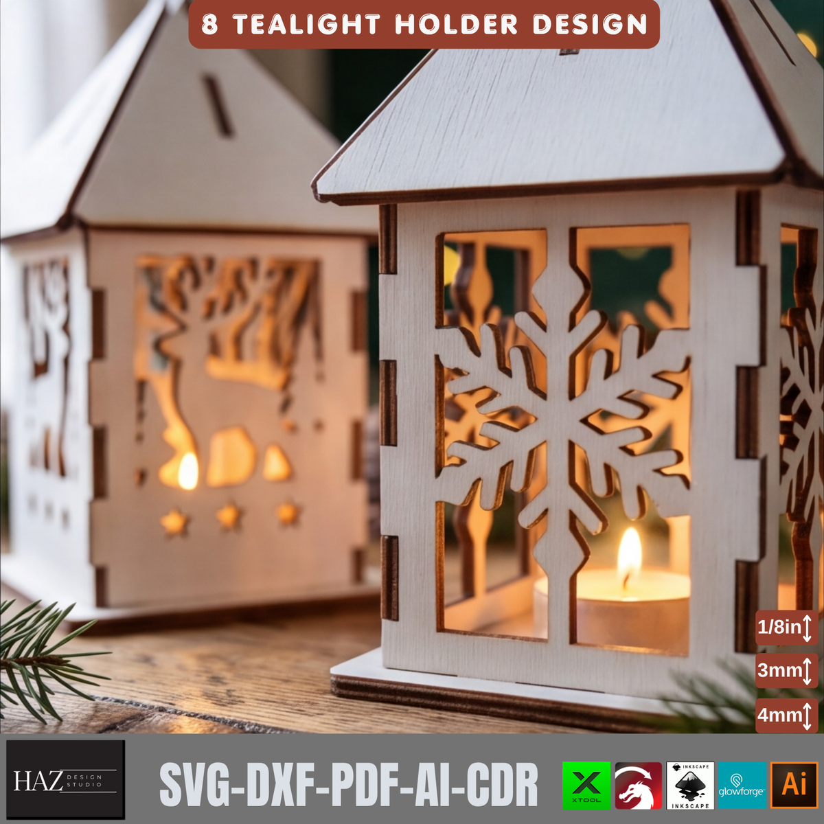 8 Christmas Tealight Lantern Laser Cut Pattern Wooden Candle Holder Template