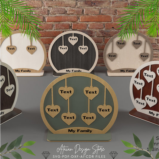 Personalized Family Members Stand - Wooden Hanging Hearts Display for Laser Cutting 686