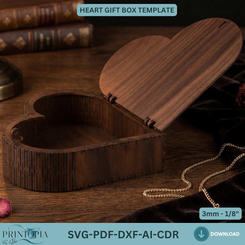 Heart Gift Box Laser Cut Template for Valentine's Day Jewelry Box DIY Woodworking Plan 325