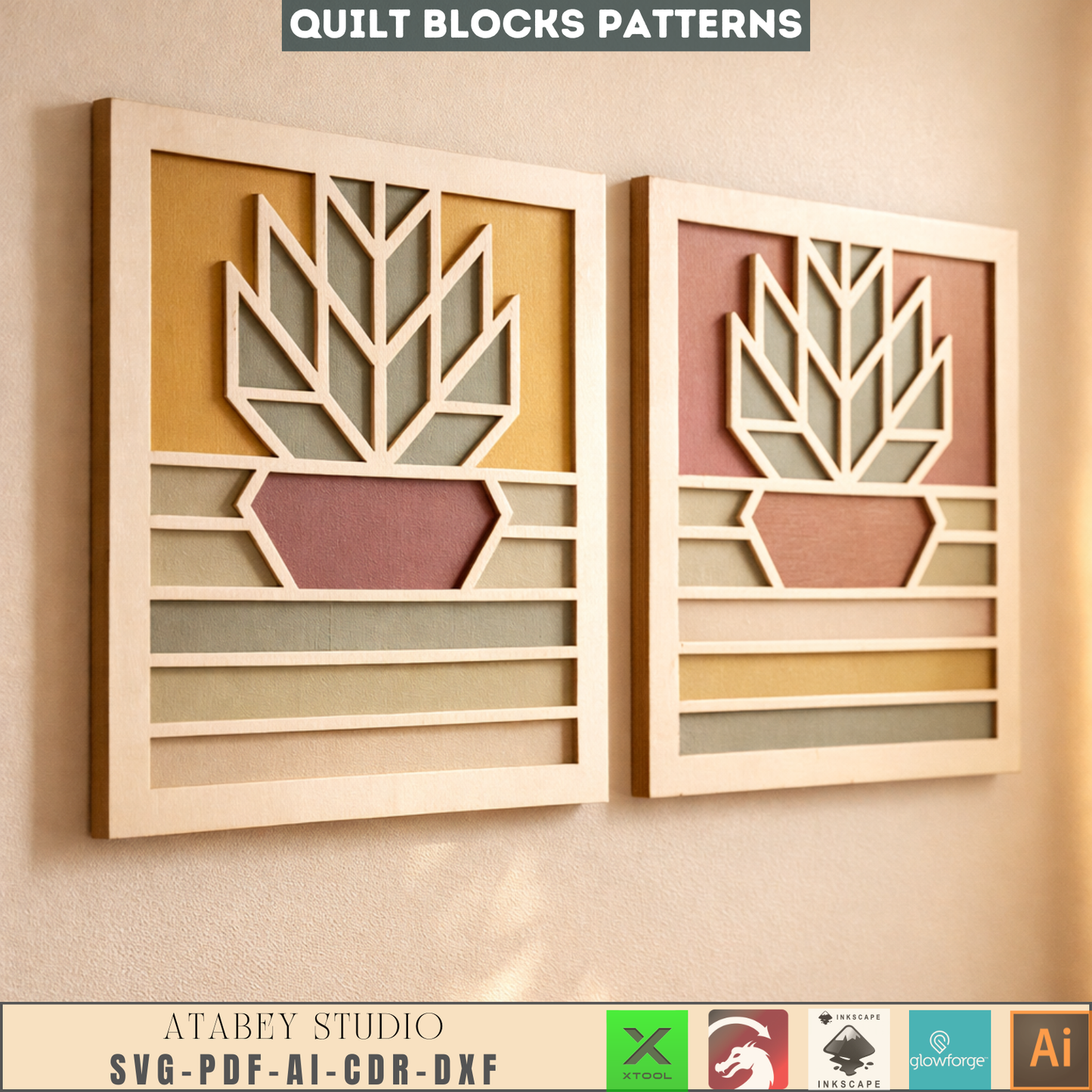 Geometric Quilt Block Wall Art Laser Cut Design Modern Farmhouse Wood Heart Butterfly Potted Flower 988