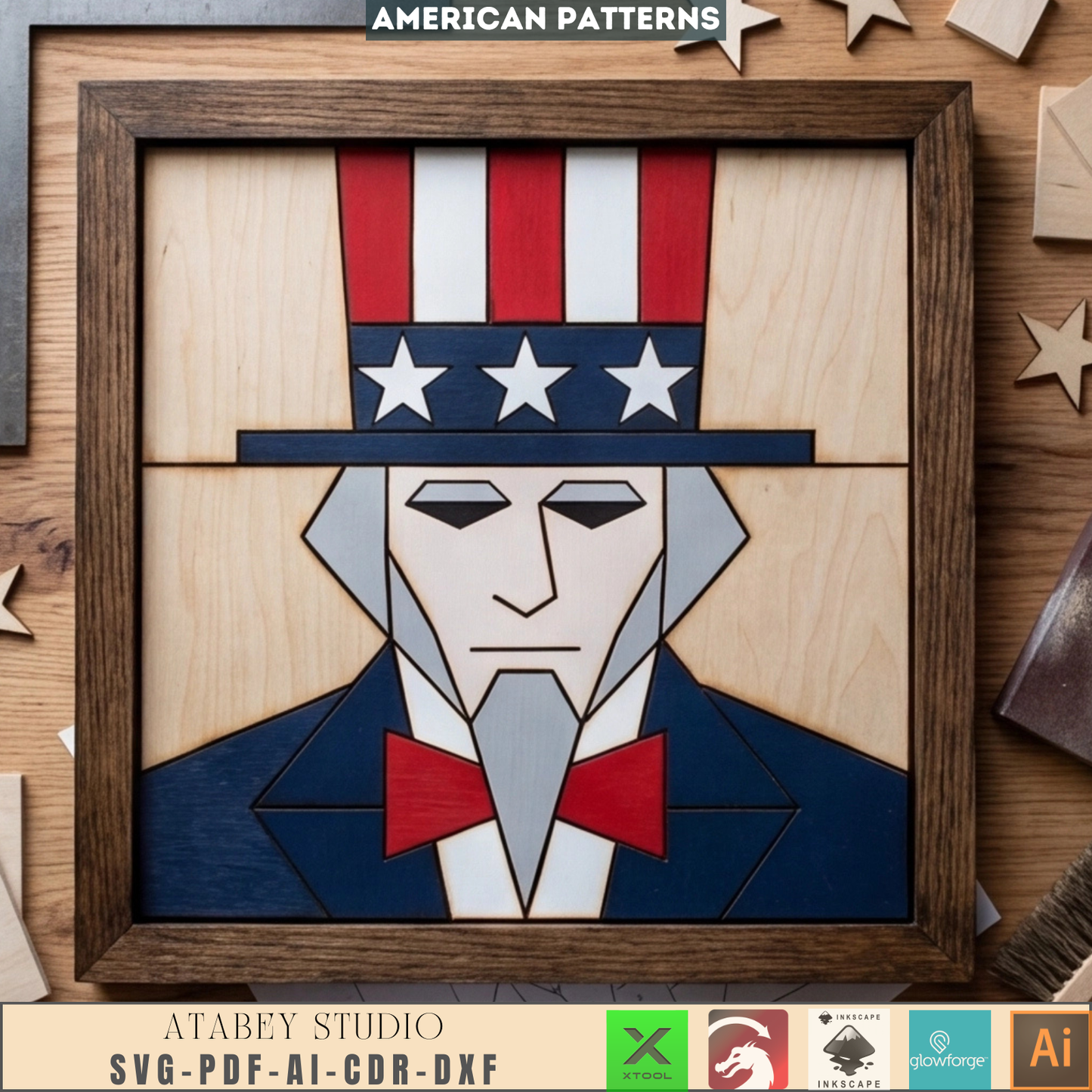 Uncle Sam 4th of July Wood Sign Patriotic Intarsia Pattern Independence Day Decor