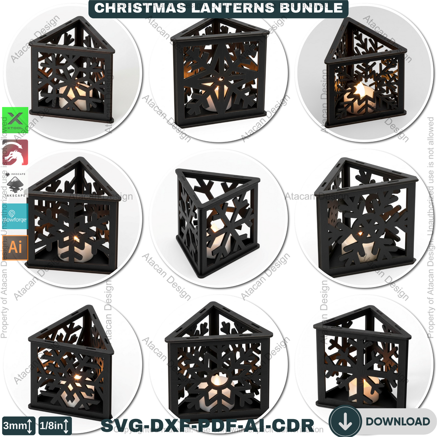 Christmas Lanterns Bundle Laser Cut Templates | Holiday Candle Box Decor | Tealight Holder Designs 930