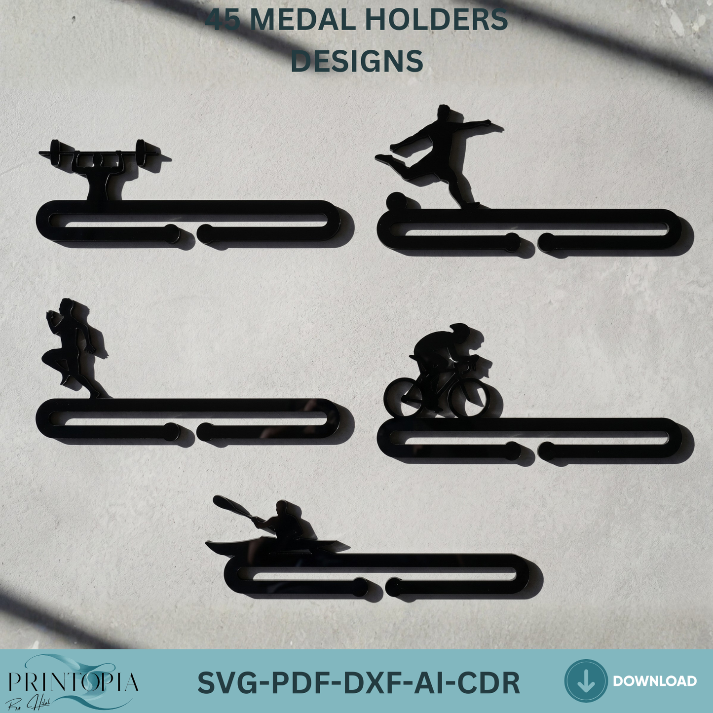 45 Medal Holder Designs SVG Bundle, Acrylic Sport Awards Hanger Templates, Trophy Medals Rack,
