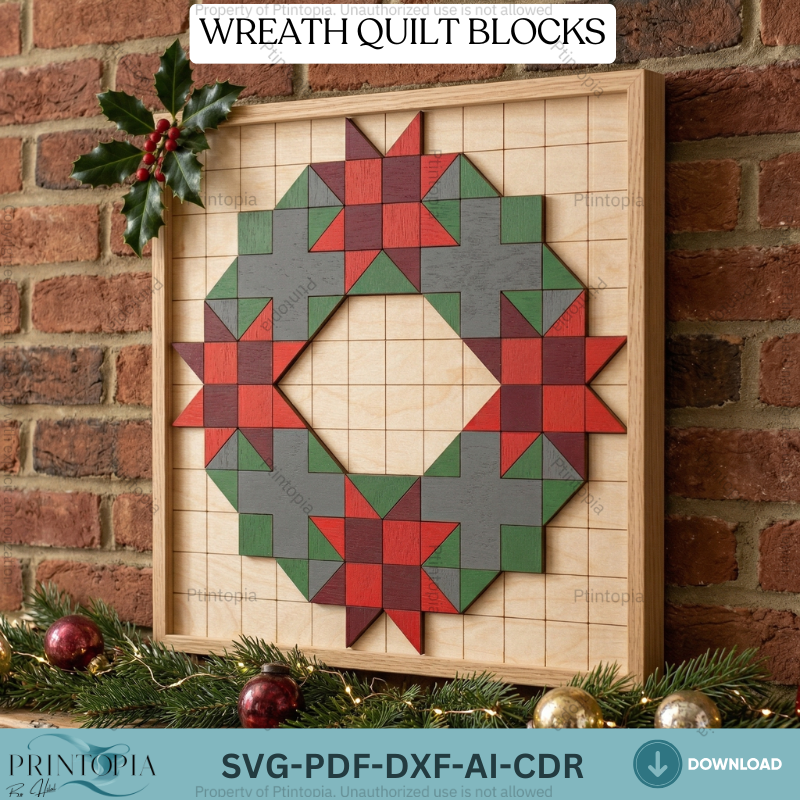 Geometric Christmas Wreath Barn Quilt Block Pattern Wooden Wall Art Laser Cut Template 338
