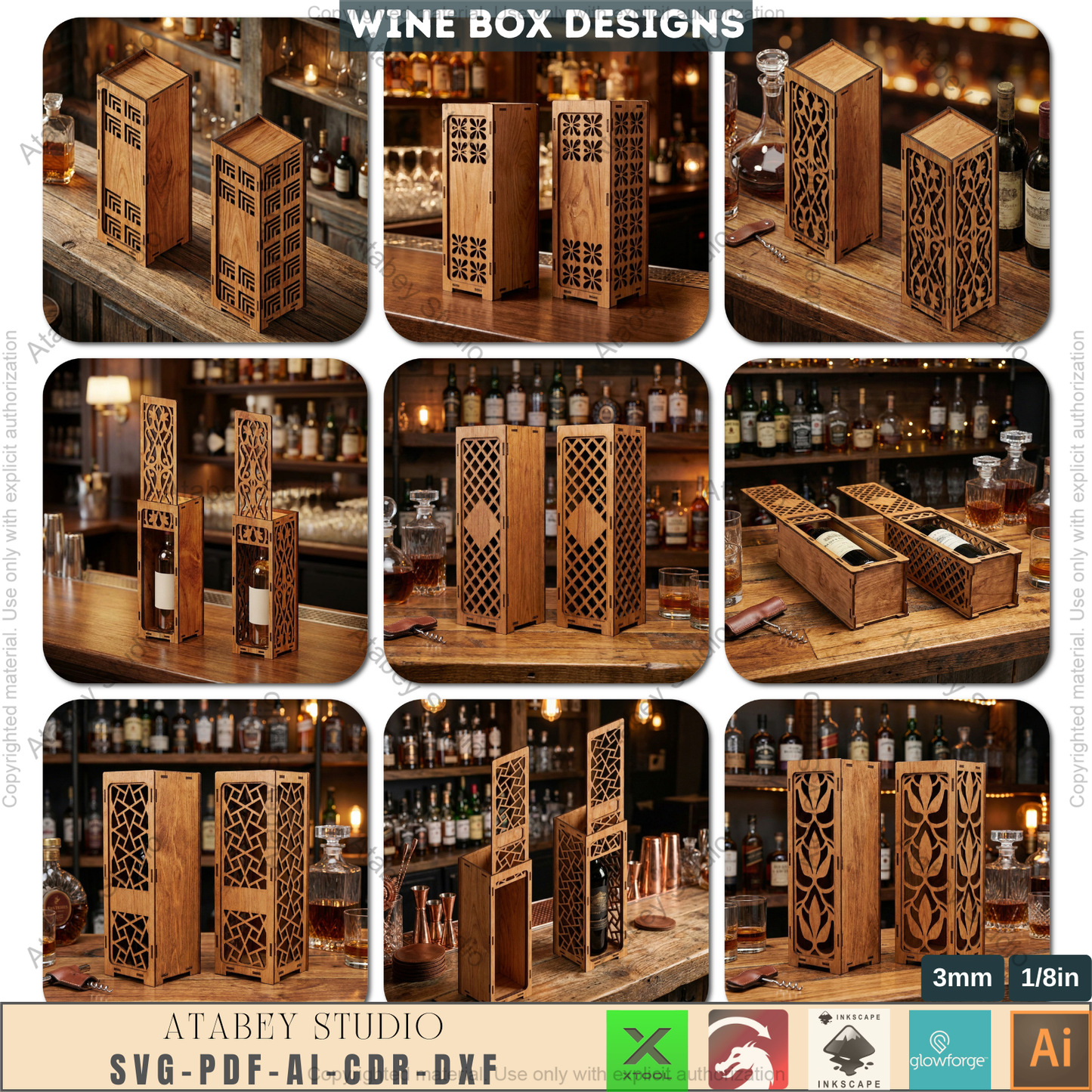 Laser Cut Wine Bottle Gift Box Bundle, Wooden Wine Carrier, Decorative Wine Box 987