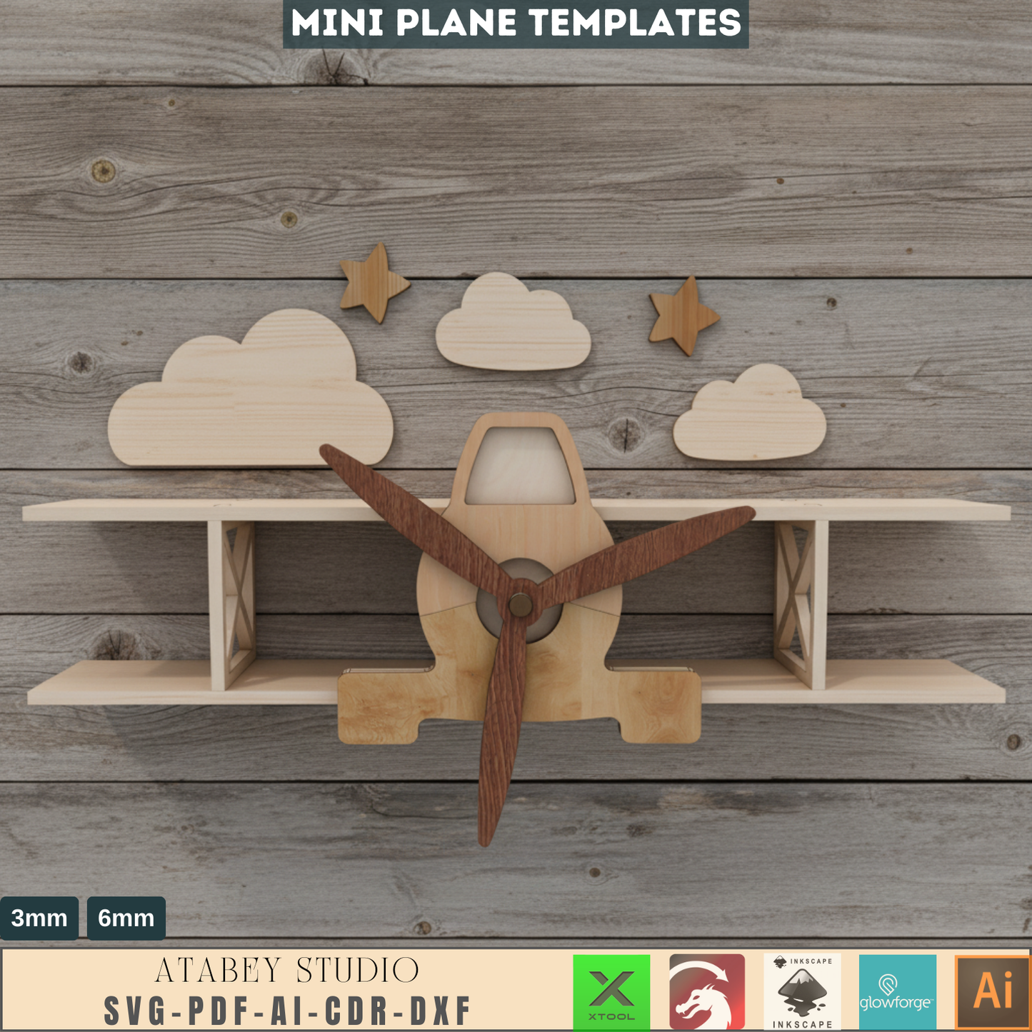Biplane Wall Shelf - Laser Cut Plan for Wooden Aircraft Shelf - DIY Kids Room Decor 692