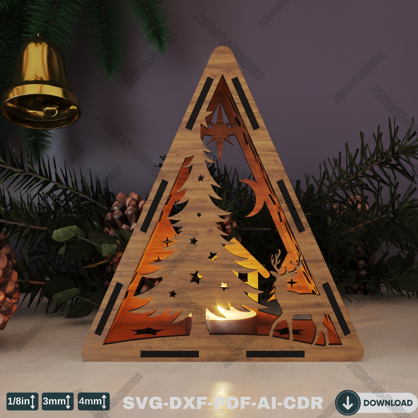 Christmas Triangle Candle Holder - Laser Cut Lamp Design for Night Light Décor 778