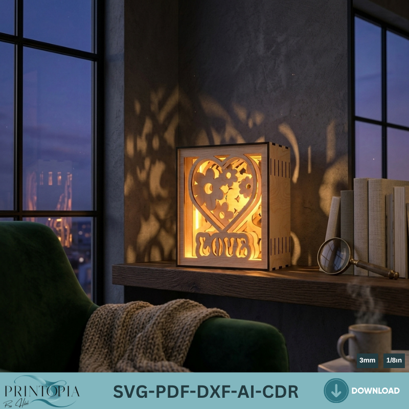 Romantic Heart Floral Shadow Light Box – Layered 3D Laser Cut Design 790