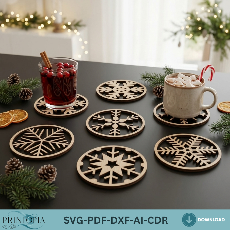 Snowflake Coaster Set Laser Cut Files Winter Kitchen Decor Christmas Coaster Trivet Bundle