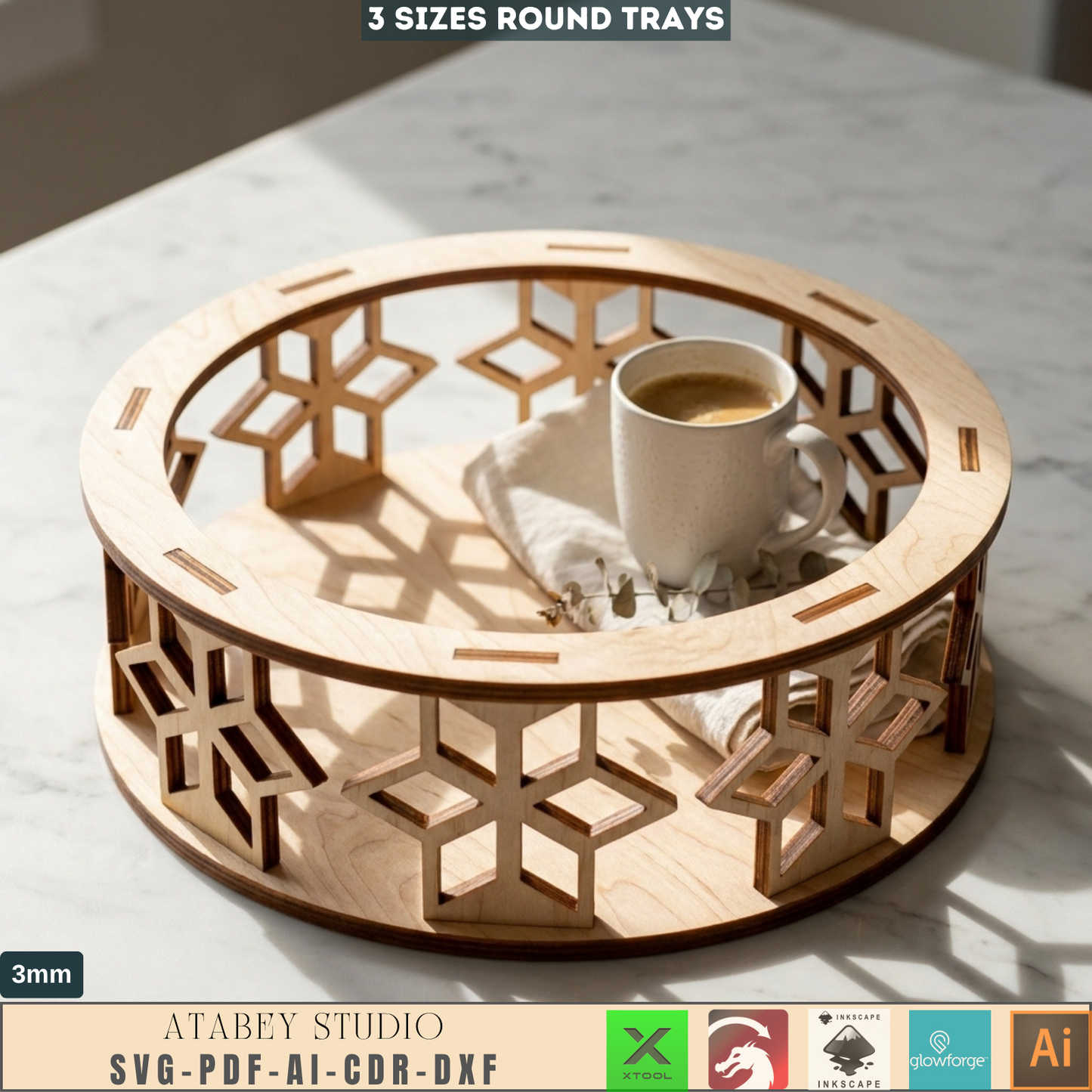 Decorative Tray SVG file, Wooden carved Tray laser cut template, Ornamental Tray Cutting Plan 140