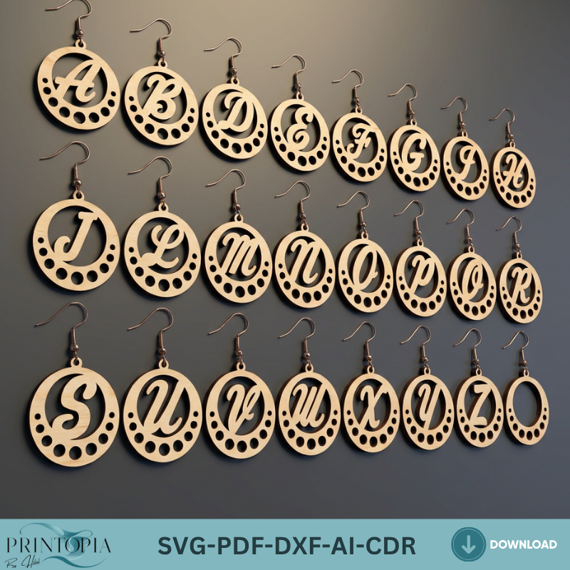 Alphabet Initial Earrings Laser Cut Template Wooden Monogram Jewelry Design