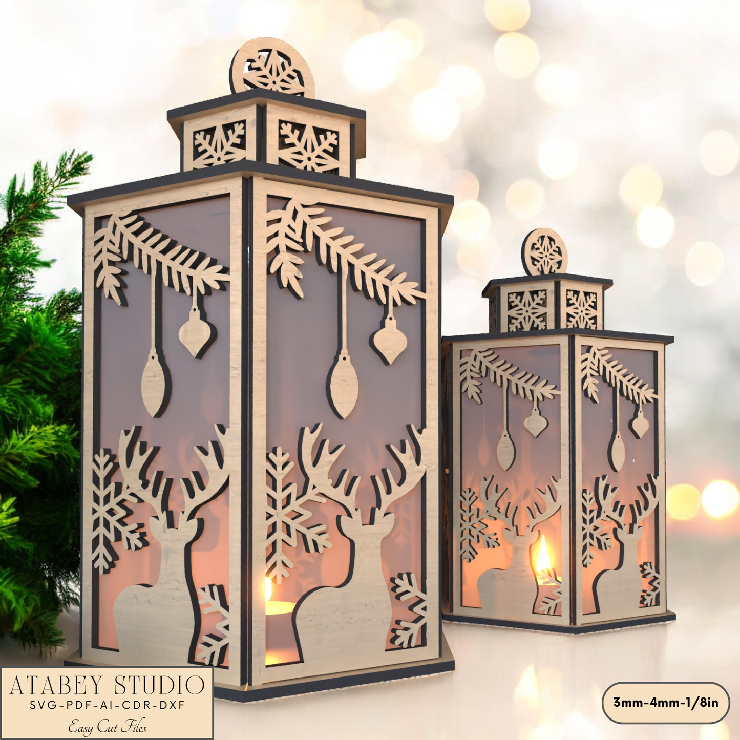 Christmas Deer Lantern Scene for Festive Table Candle Holders-Snowflake Deer Night Light Design for Holiday Laser Cutting 919