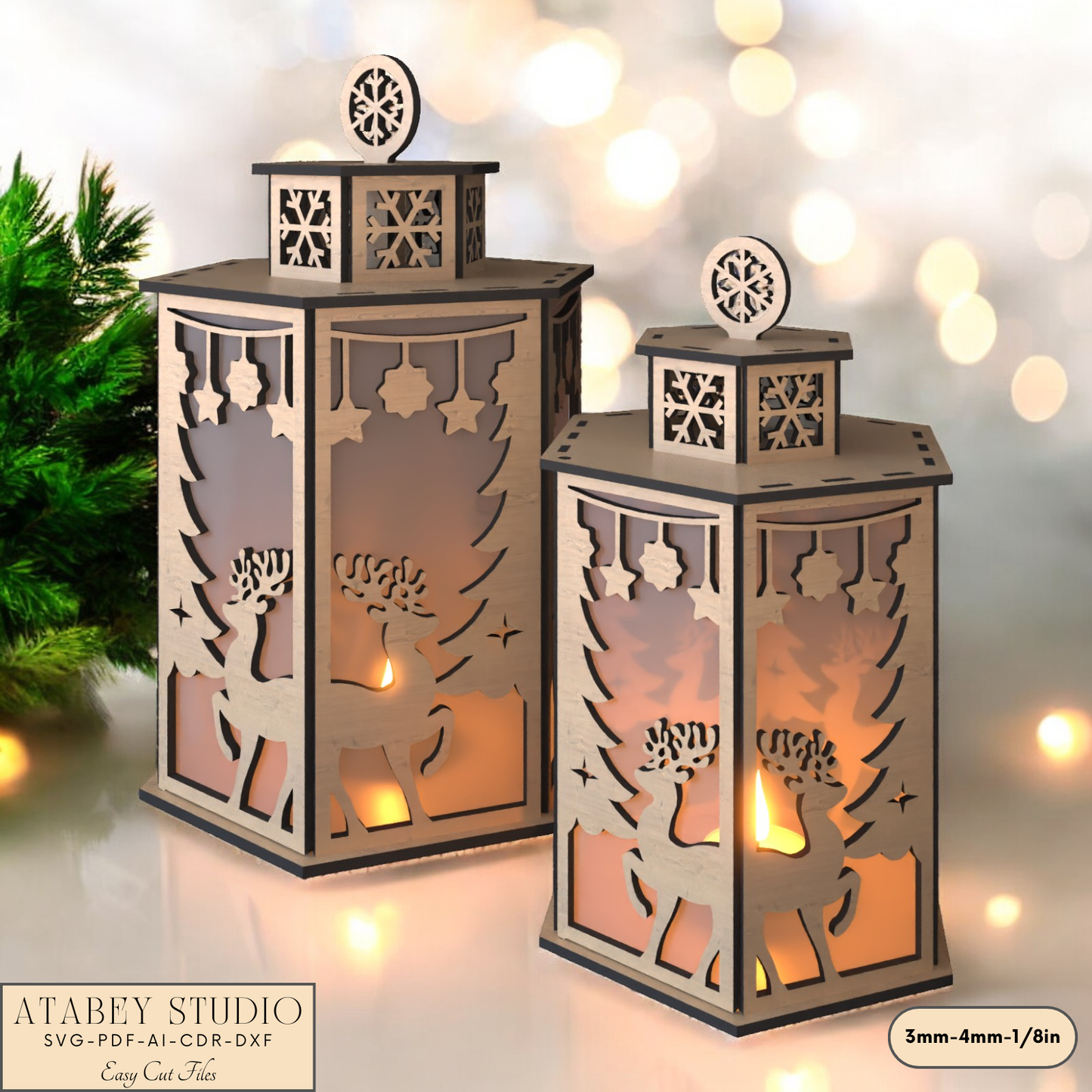 Christmas Deer Lantern Scene for Festive Table Candle Holders-Snowflake Deer Night Light Design for Holiday Laser Cutting 919