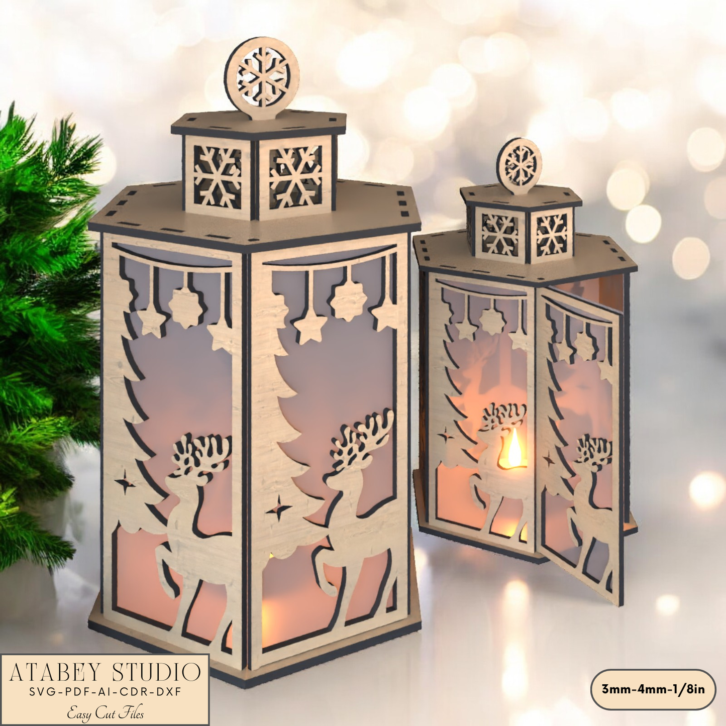 Christmas Deer Lantern Scene for Festive Table Candle Holders-Snowflake Deer Night Light Design for Holiday Laser Cutting 919