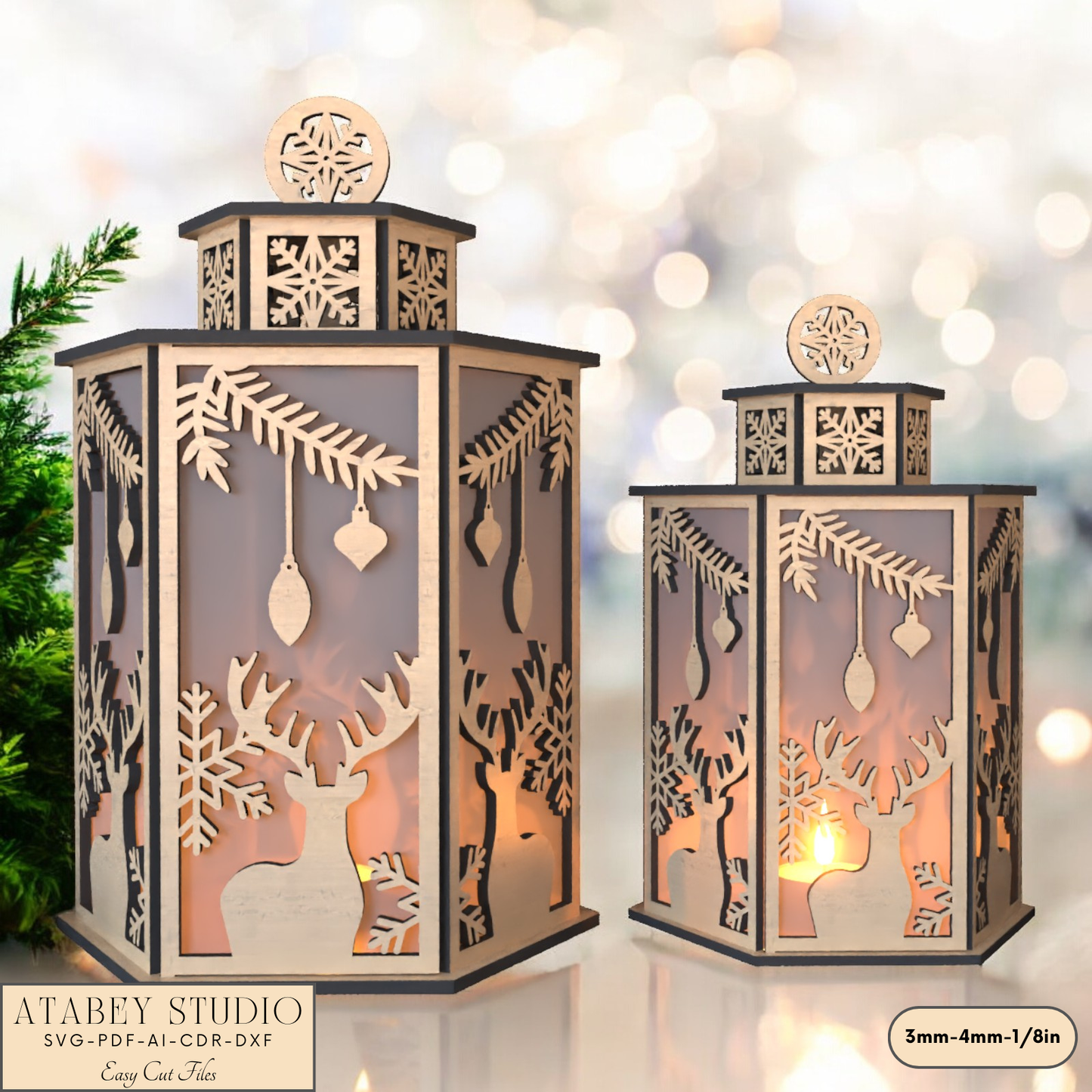 Christmas Deer Lantern Scene for Festive Table Candle Holders-Snowflake Deer Night Light Design for Holiday Laser Cutting 919