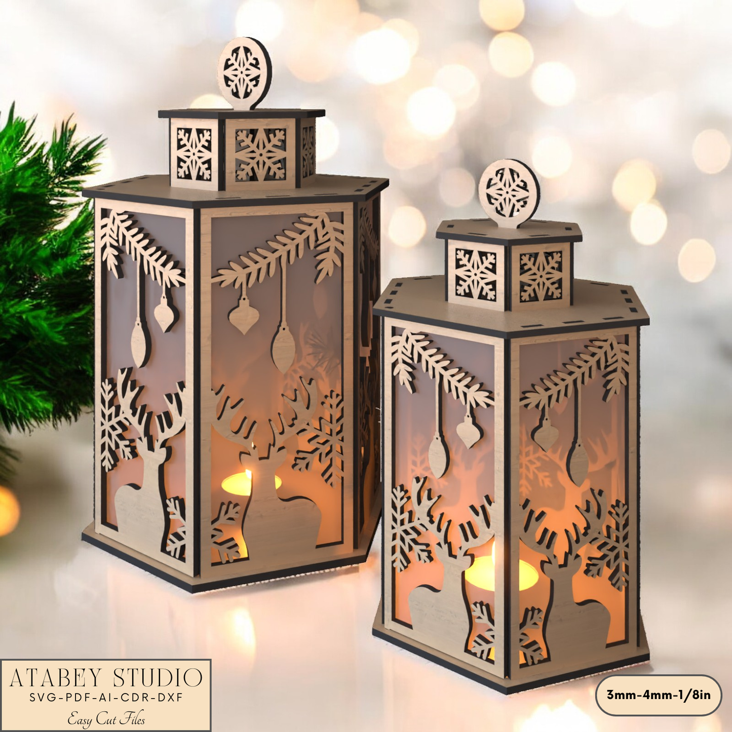 Christmas Deer Lantern Scene for Festive Table Candle Holders-Snowflake Deer Night Light Design for Holiday Laser Cutting 919