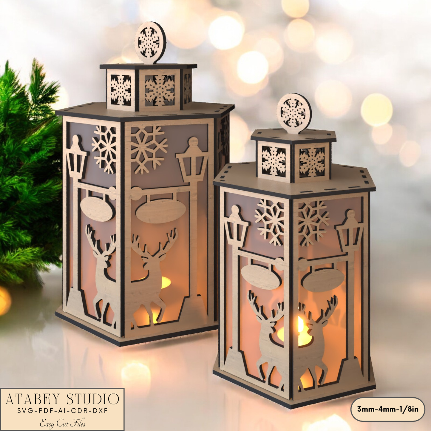 Christmas Deer Lantern Scene for Festive Table Candle Holders-Snowflake Deer Night Light Design for Holiday Laser Cutting 919