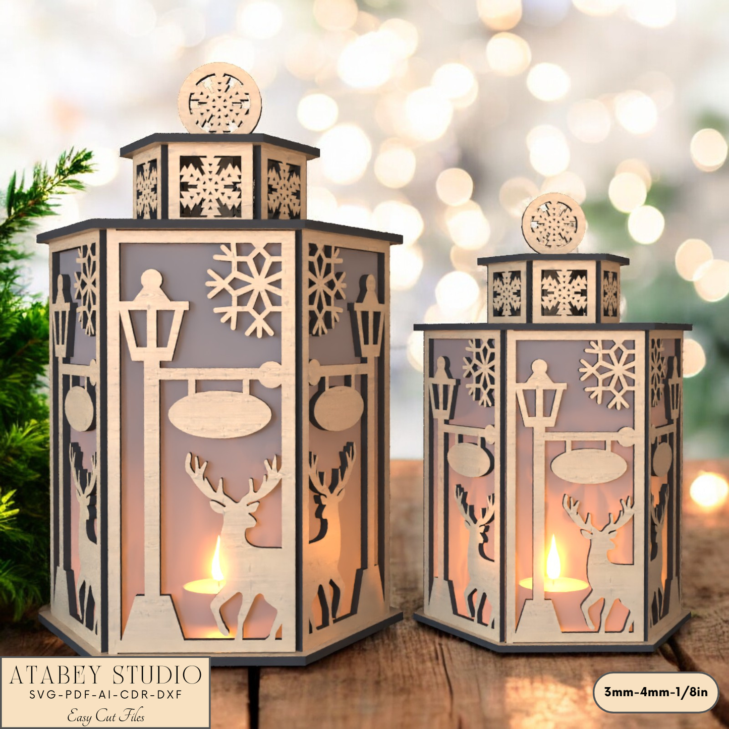 Christmas Deer Lantern Scene for Festive Table Candle Holders-Snowflake Deer Night Light Design for Holiday Laser Cutting 919