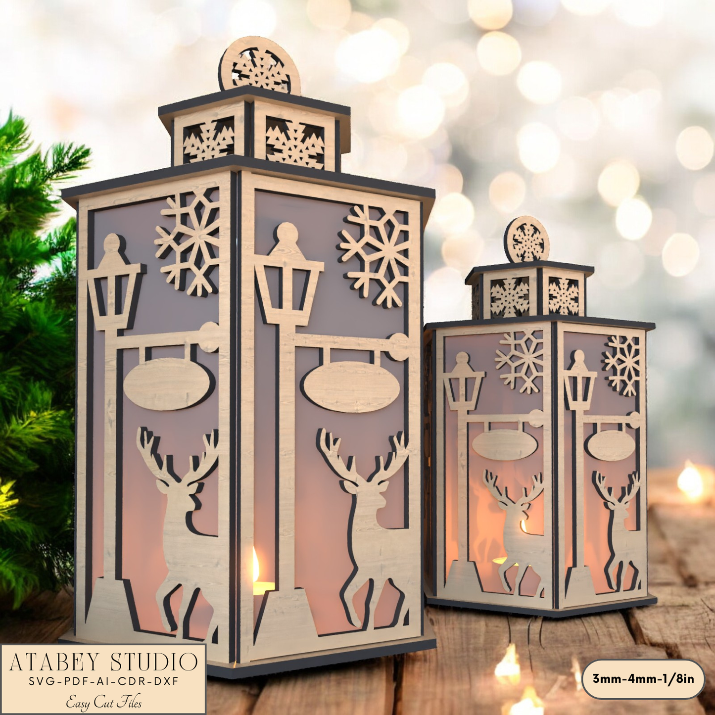 Christmas Deer Lantern Scene for Festive Table Candle Holders-Snowflake Deer Night Light Design for Holiday Laser Cutting 919