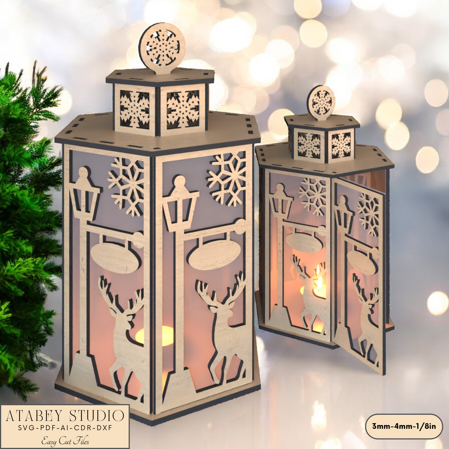 Christmas Deer Lantern Scene for Festive Table Candle Holders-Snowflake Deer Night Light Design for Holiday Laser Cutting 919