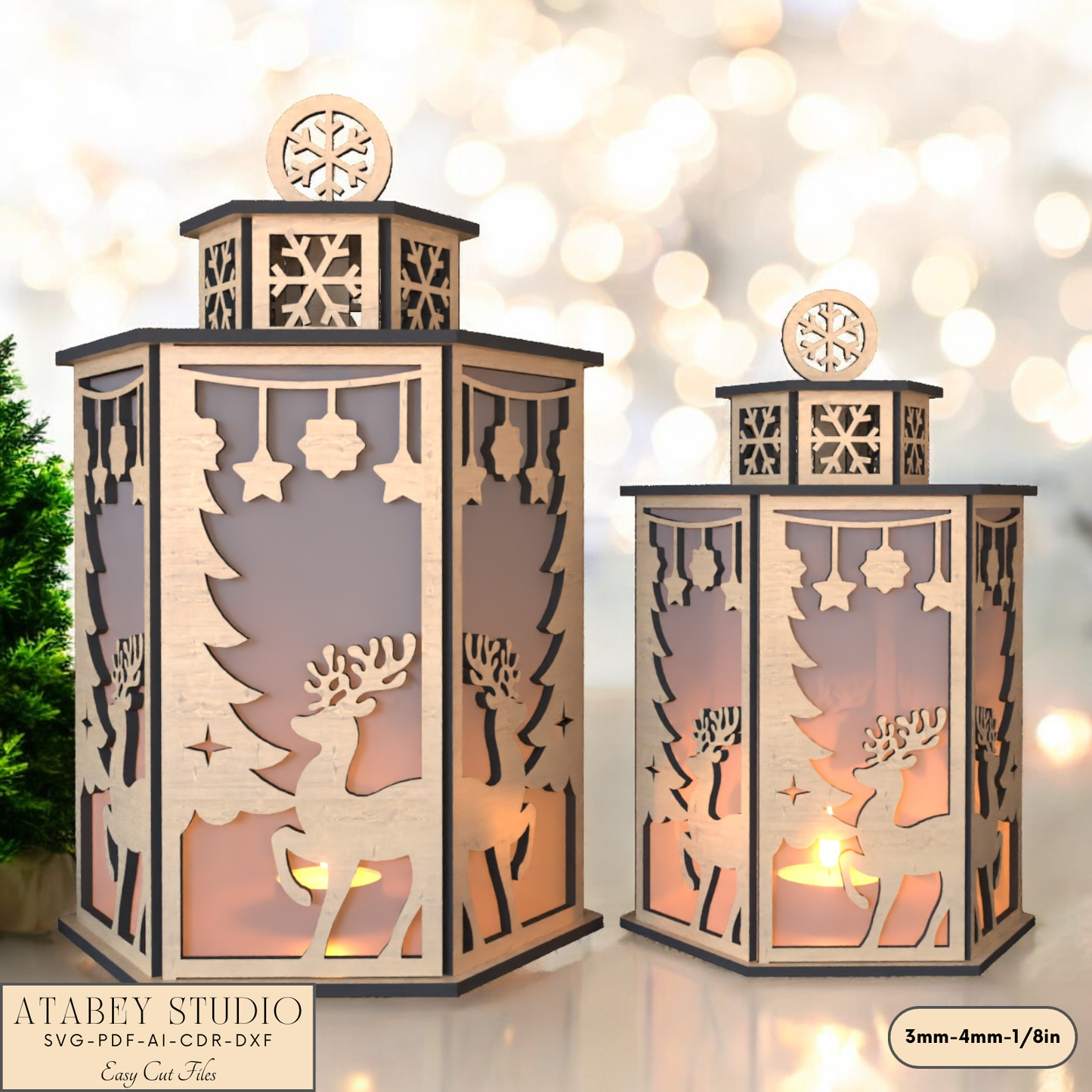 Christmas Deer Lantern Scene for Festive Table Candle Holders-Snowflake Deer Night Light Design for Holiday Laser Cutting 919