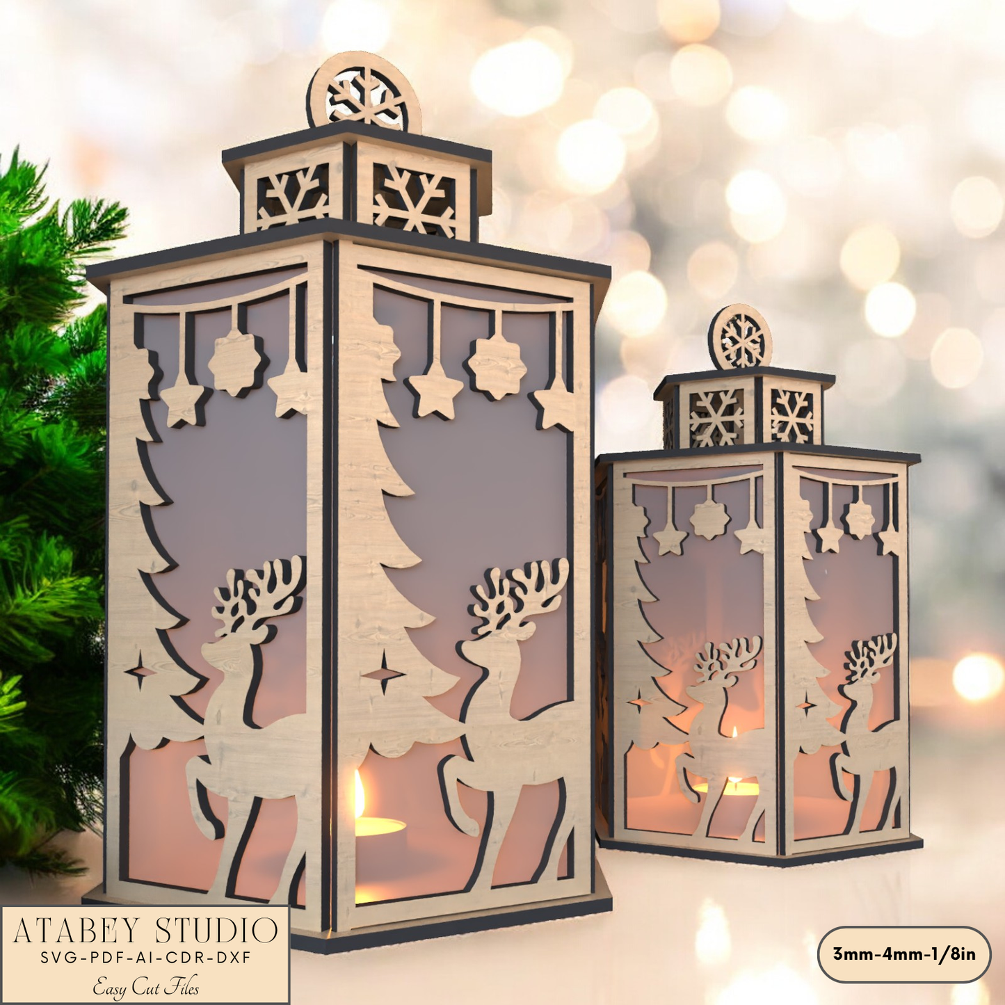 Christmas Deer Lantern Scene for Festive Table Candle Holders-Snowflake Deer Night Light Design for Holiday Laser Cutting 919