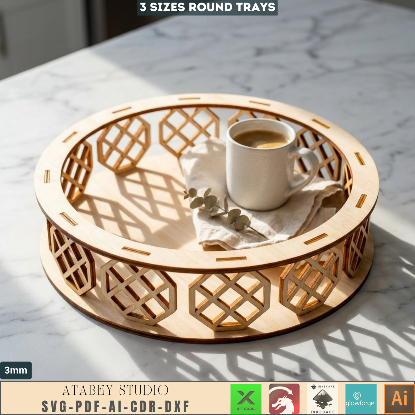 Decorative Tray SVG file, Wooden carved Tray laser cut template, Ornamental Tray Cutting Plan 140