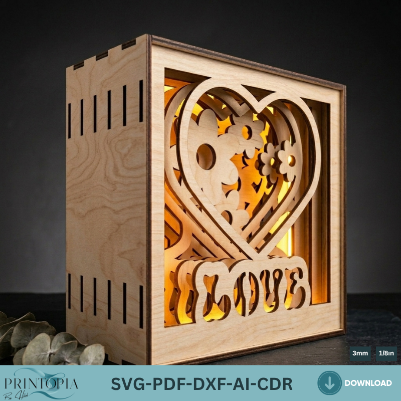 Romantic Heart Floral Shadow Light Box – Layered 3D Laser Cut Design 790