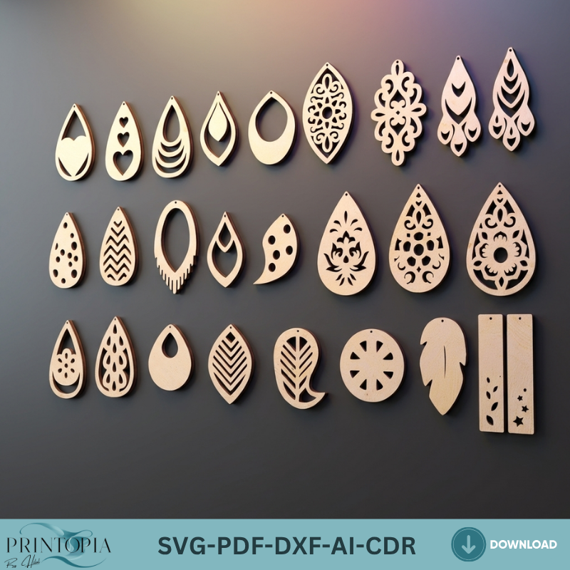 Boho Wooden Earring Laser Cut Bundle, Teardrop Earring Templates, Jewelry Designs
