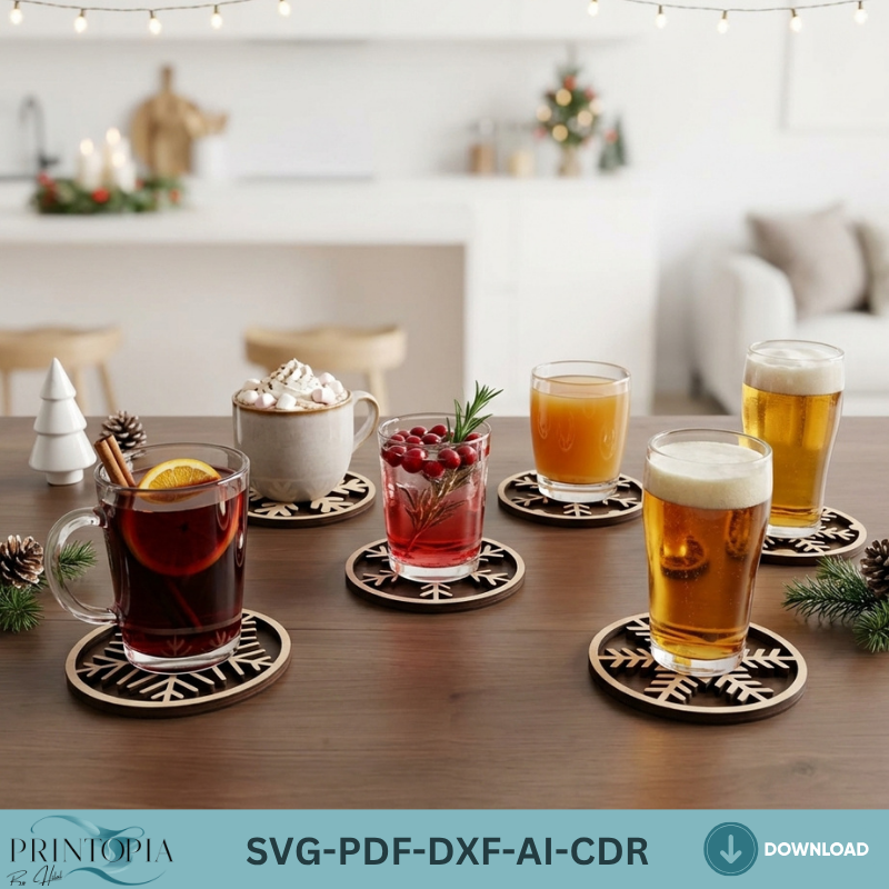 Snowflake Coaster Set Laser Cut Files Winter Kitchen Decor Christmas Coaster Trivet Bundle