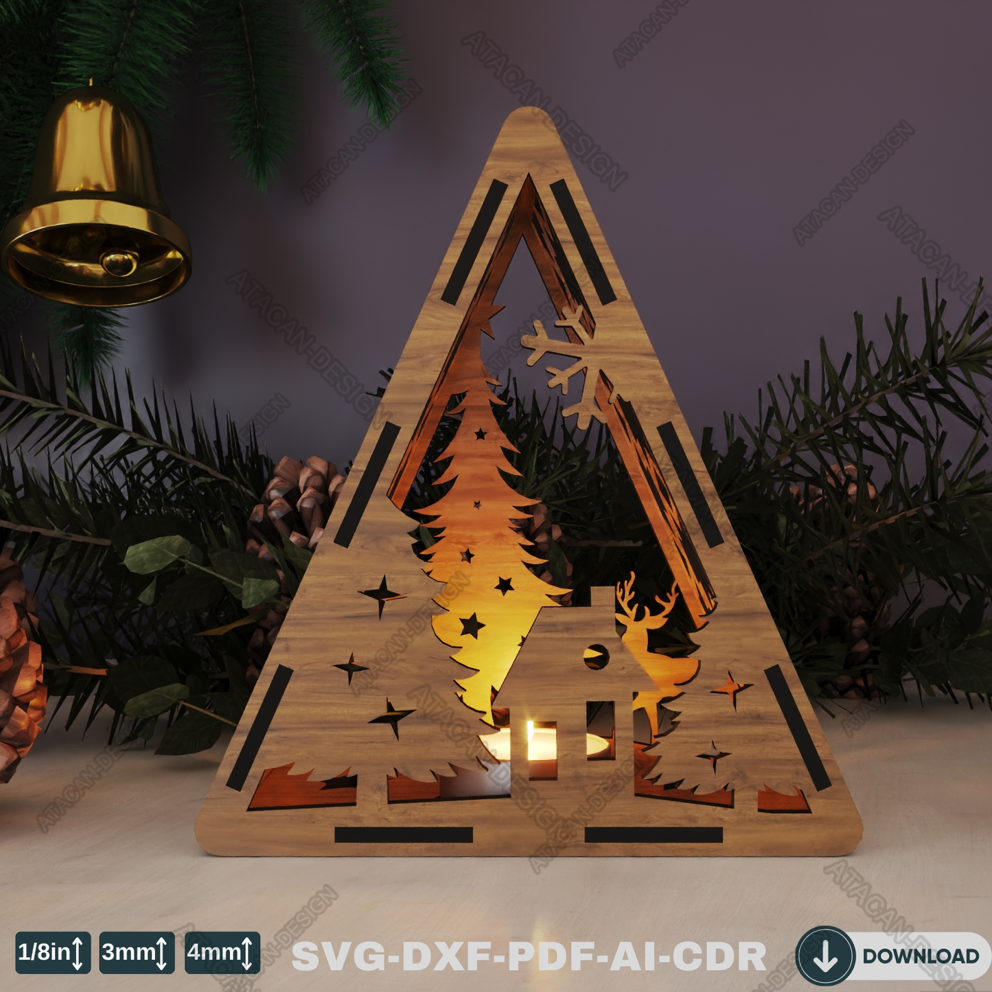 Christmas Triangle Candle Holder - Laser Cut Lamp Design for Night Light Décor 778