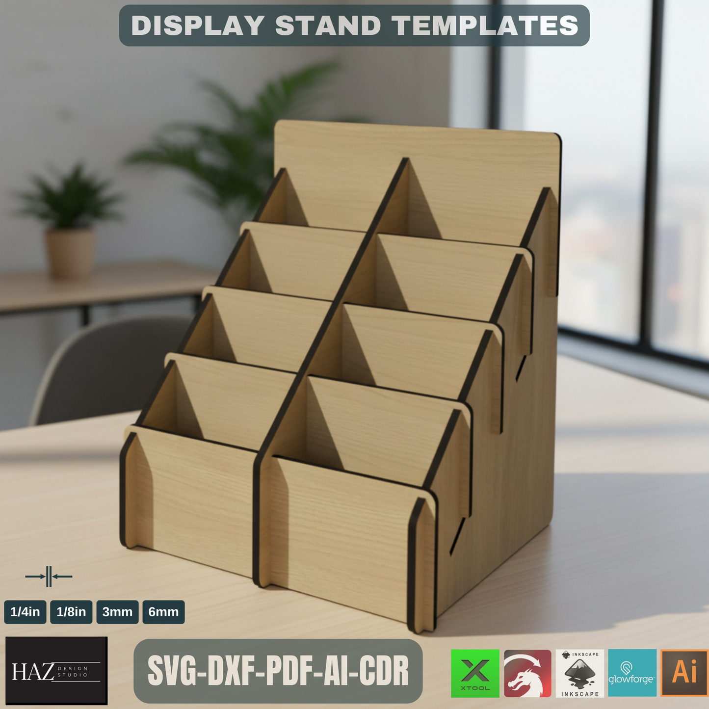 4 Shelf Display Stand / Retail Counter Cardboard Brochure and Leaflet Display / Vector Files For Wood Laser Cutting SVG DXF 180