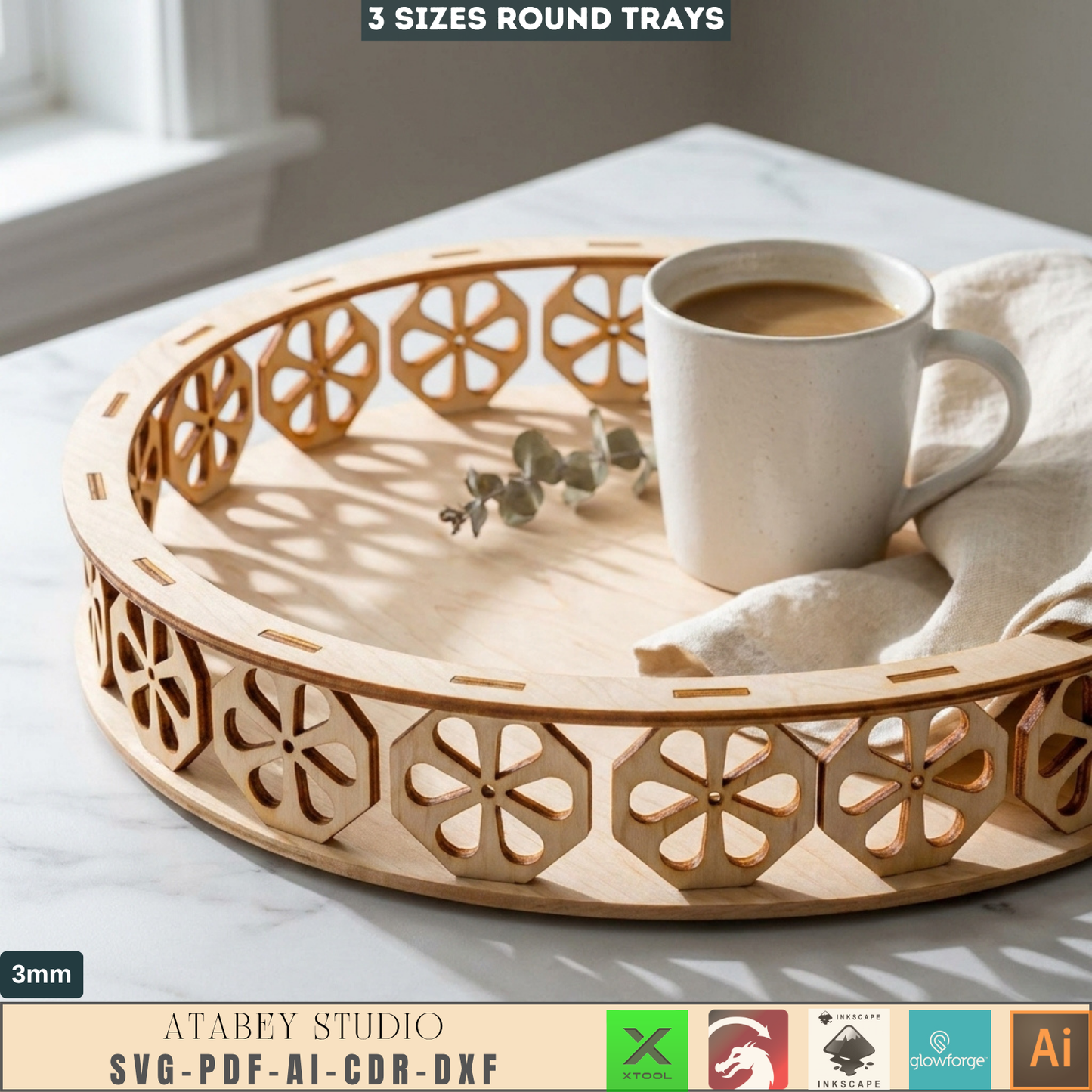 Decorative Tray SVG file, Wooden carved Tray laser cut template, Ornamental Tray Cutting Plan 140