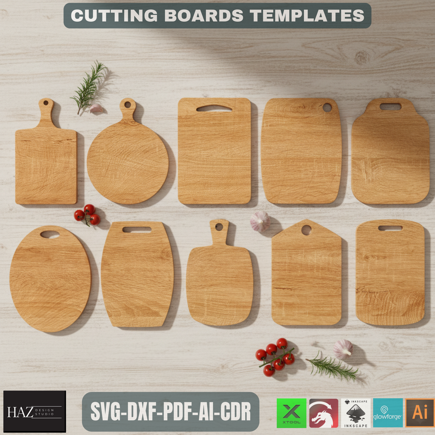 Kitchen Cutting Board Set / Wooden Chopping Boards / Serving Board Cut Plans / Cheese CutBoard Glowforge Cutting Files SVG DXF CDR Ai 156
