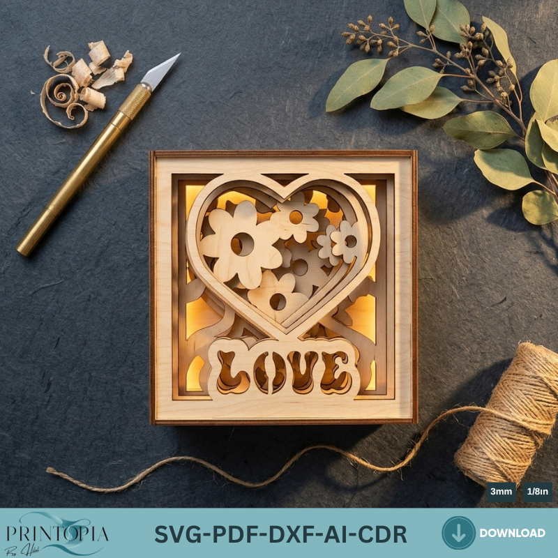 Romantic Heart Floral Shadow Light Box – Layered 3D Laser Cut Design 790