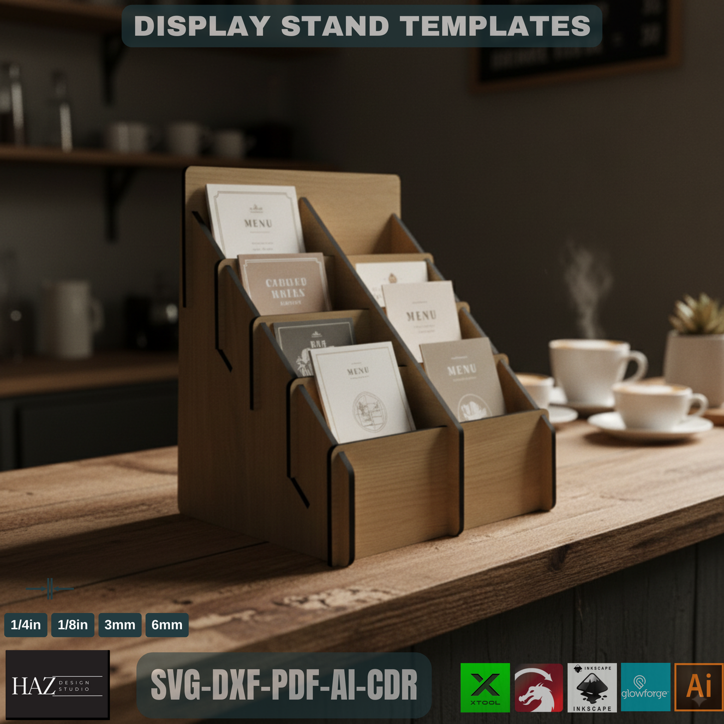 4 Shelf Display Stand / Retail Counter Cardboard Brochure and Leaflet Display / Vector Files For Wood Laser Cutting SVG DXF 180