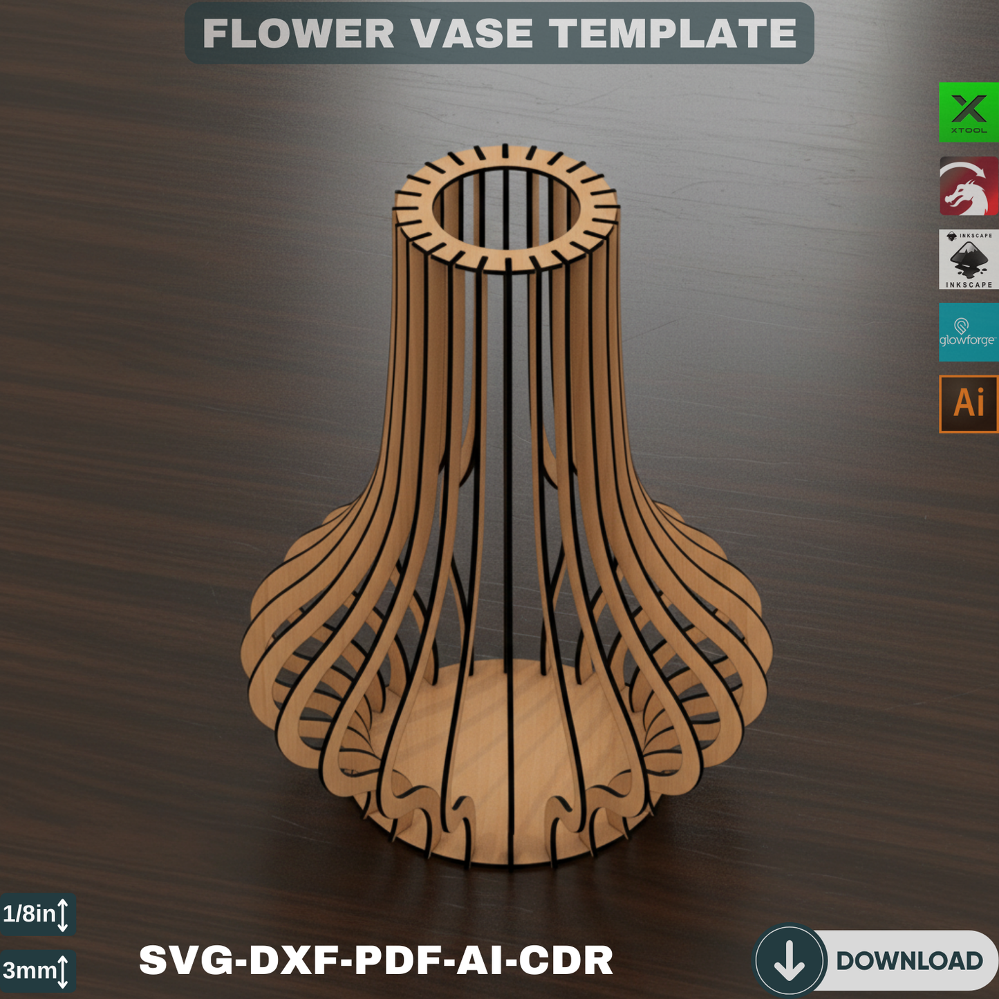 Laser Cut Flower Vase SVG, Wooden Vase Template, Modern Floral Decor, Glowforge File for Home Gift