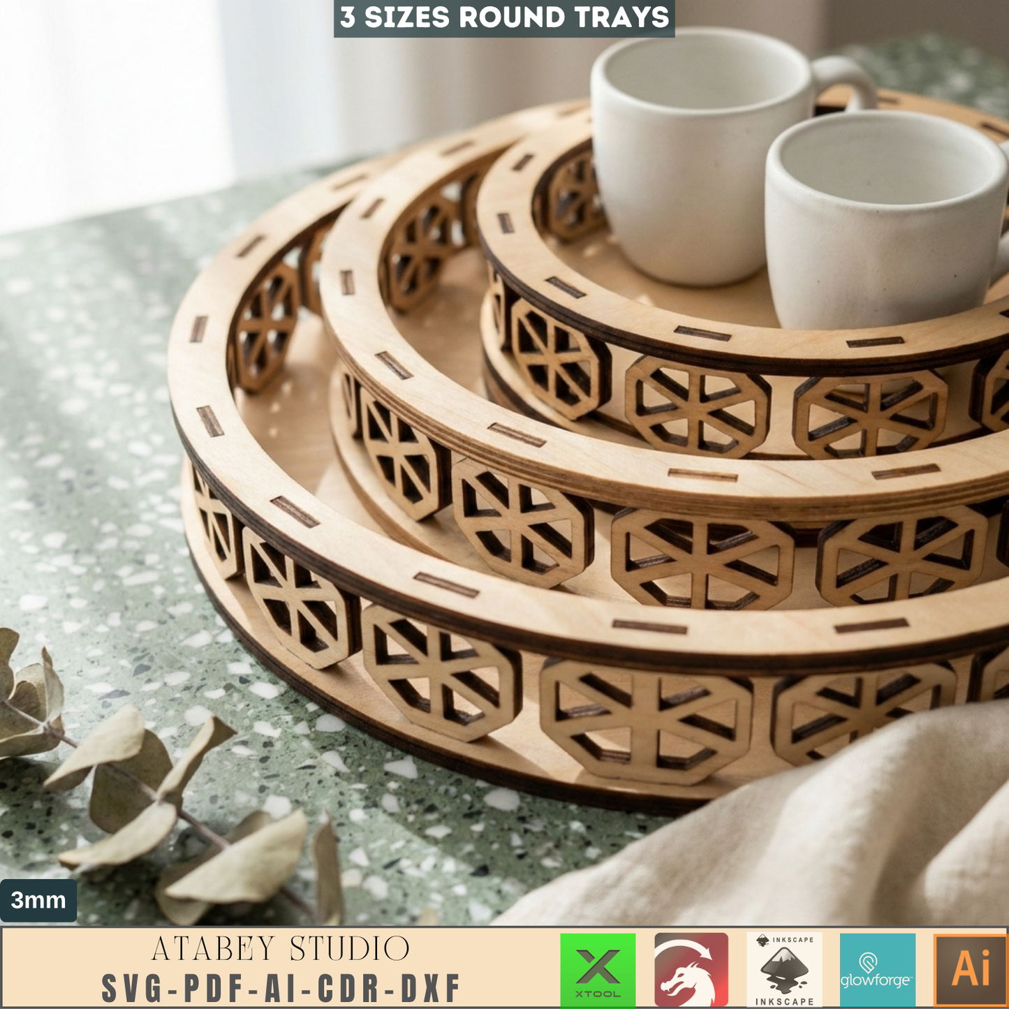 Decorative Tray SVG file, Wooden carved Tray laser cut template, Ornamental Tray Cutting Plan 140
