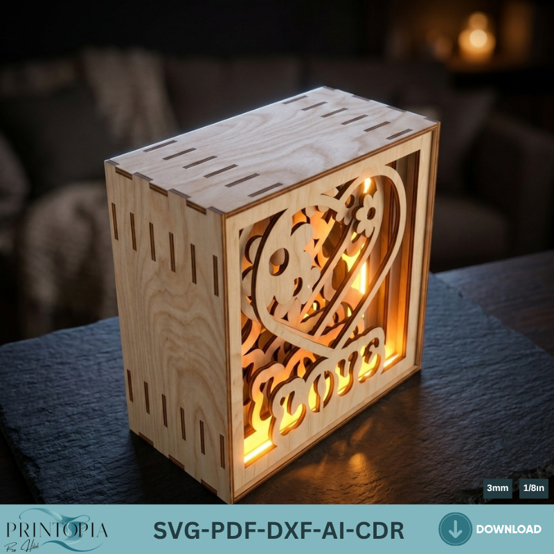 Romantic Heart Floral Shadow Light Box – Layered 3D Laser Cut Design 790