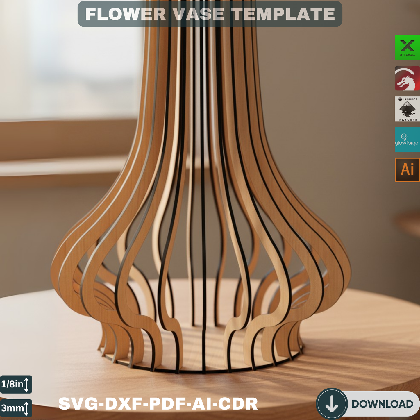 Laser Cut Flower Vase SVG, Wooden Vase Template, Modern Floral Decor, Glowforge File for Home Gift