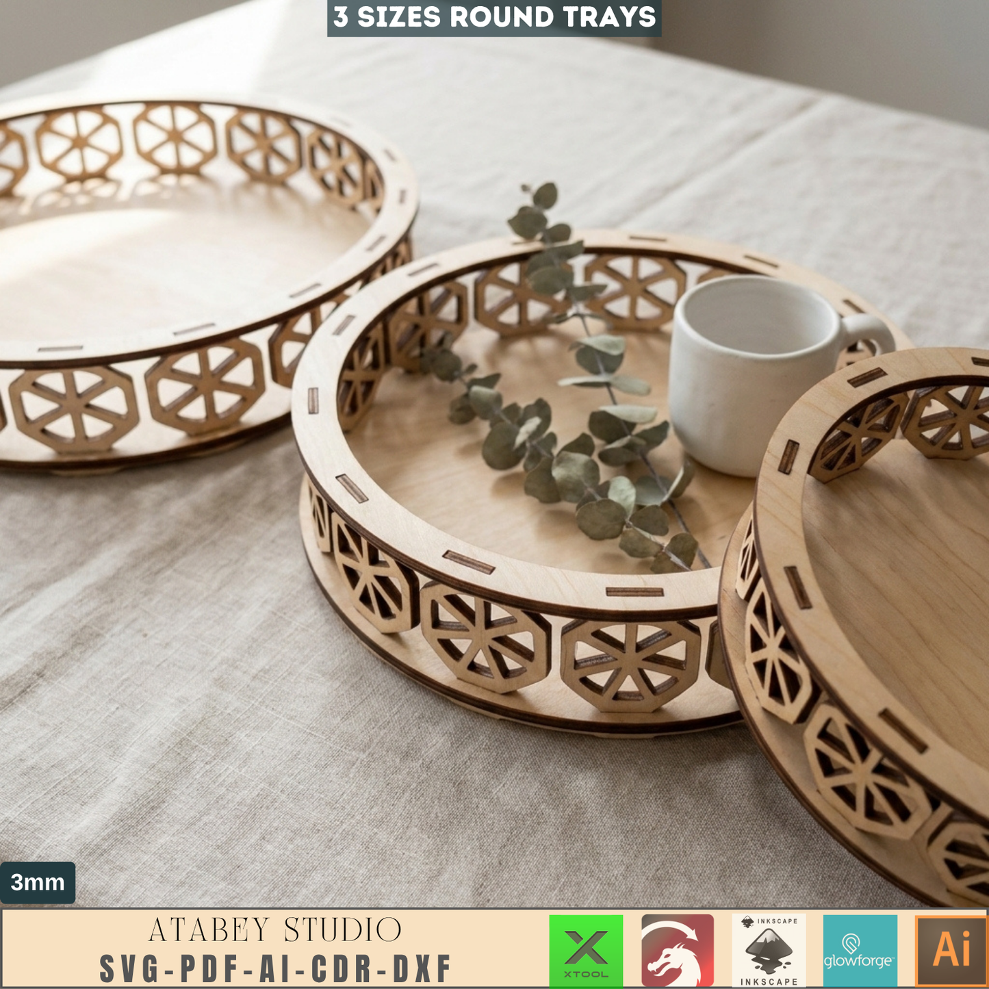 Decorative Tray SVG file, Wooden carved Tray laser cut template, Ornamental Tray Cutting Plan 140