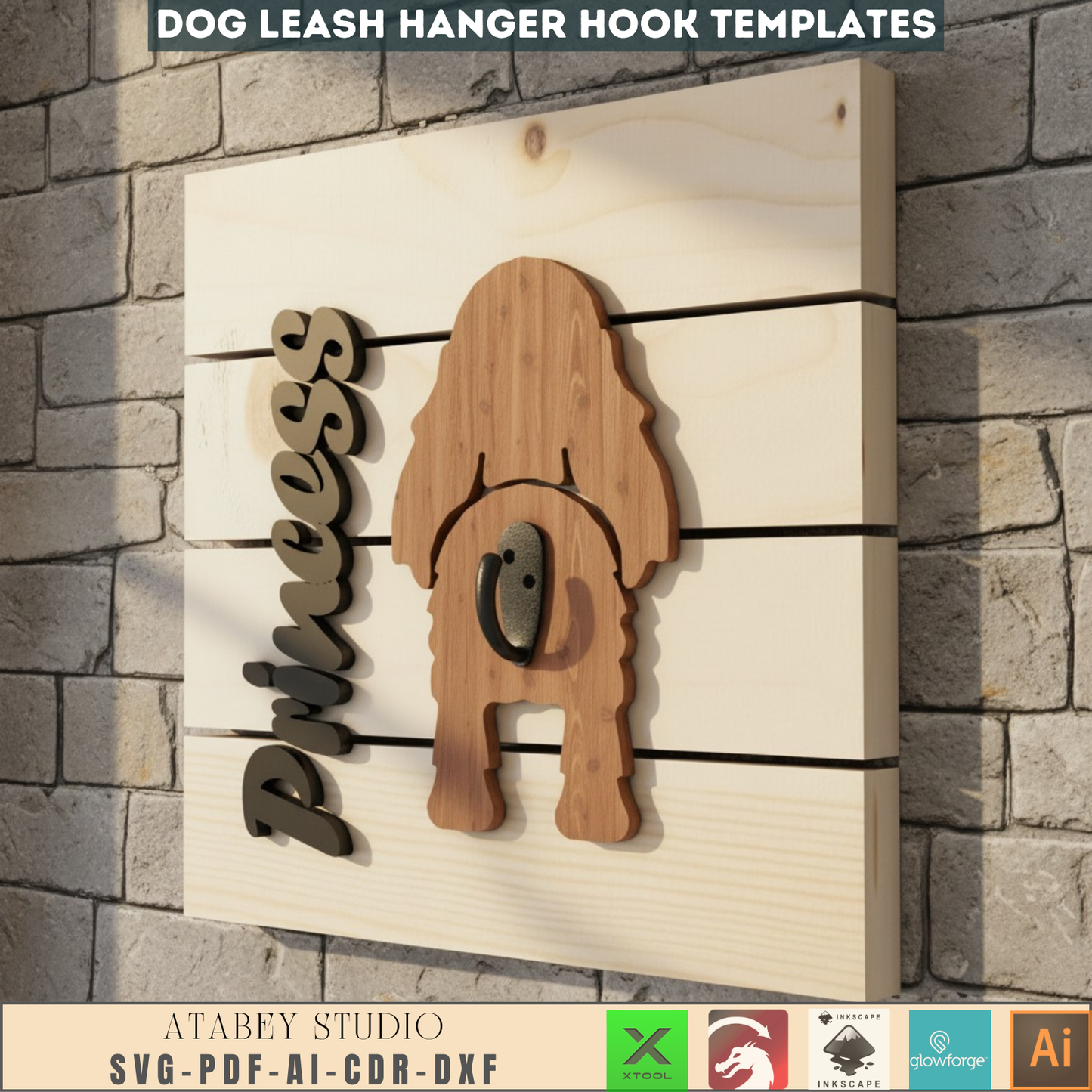 Personalized Dog Leash Holder SVG | Custom Pet Leash Hanger Laser Cut File | Dog Butt Wood Sign Digital Template for Xtool Glowforge
