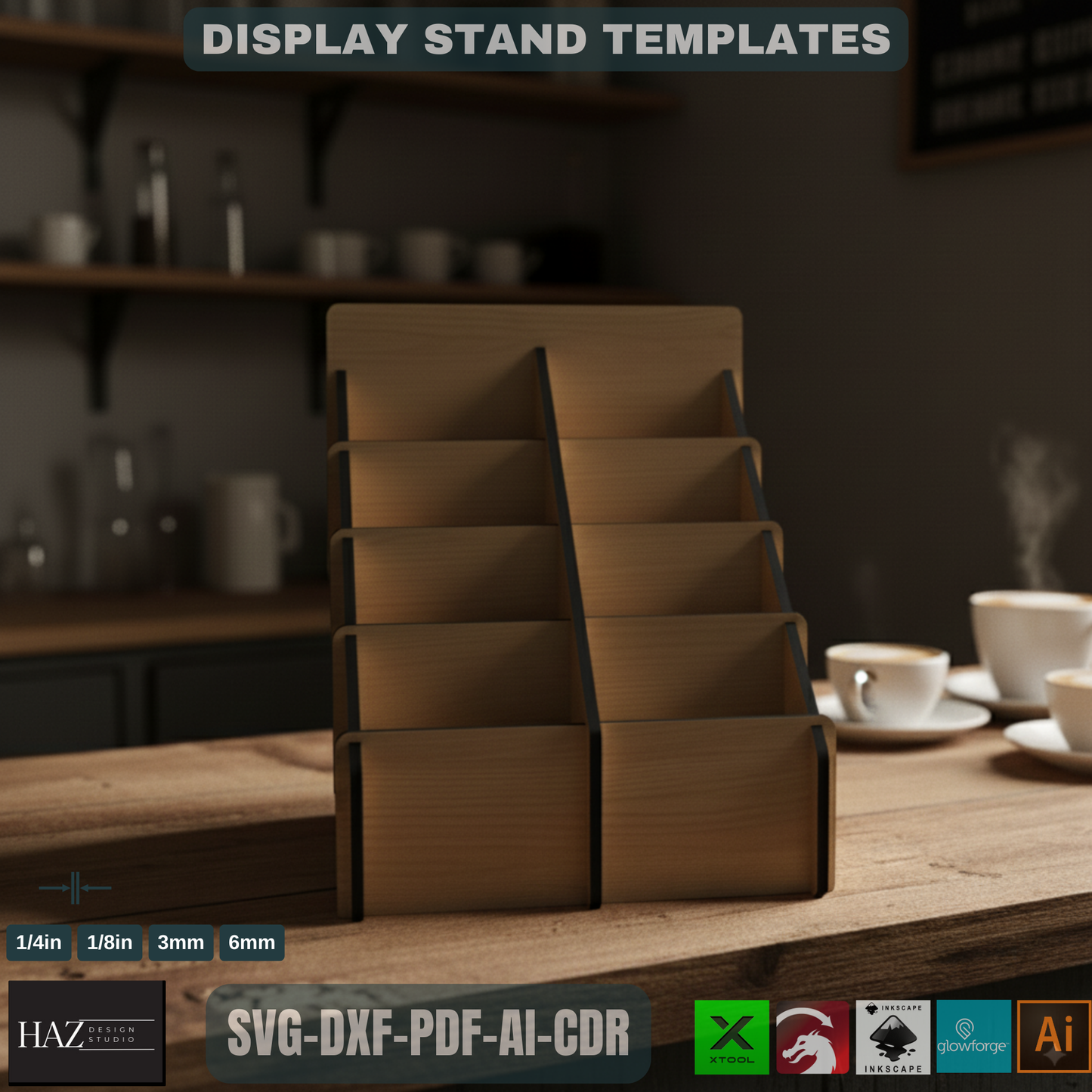 4 Shelf Display Stand / Retail Counter Cardboard Brochure and Leaflet Display / Vector Files For Wood Laser Cutting SVG DXF 180